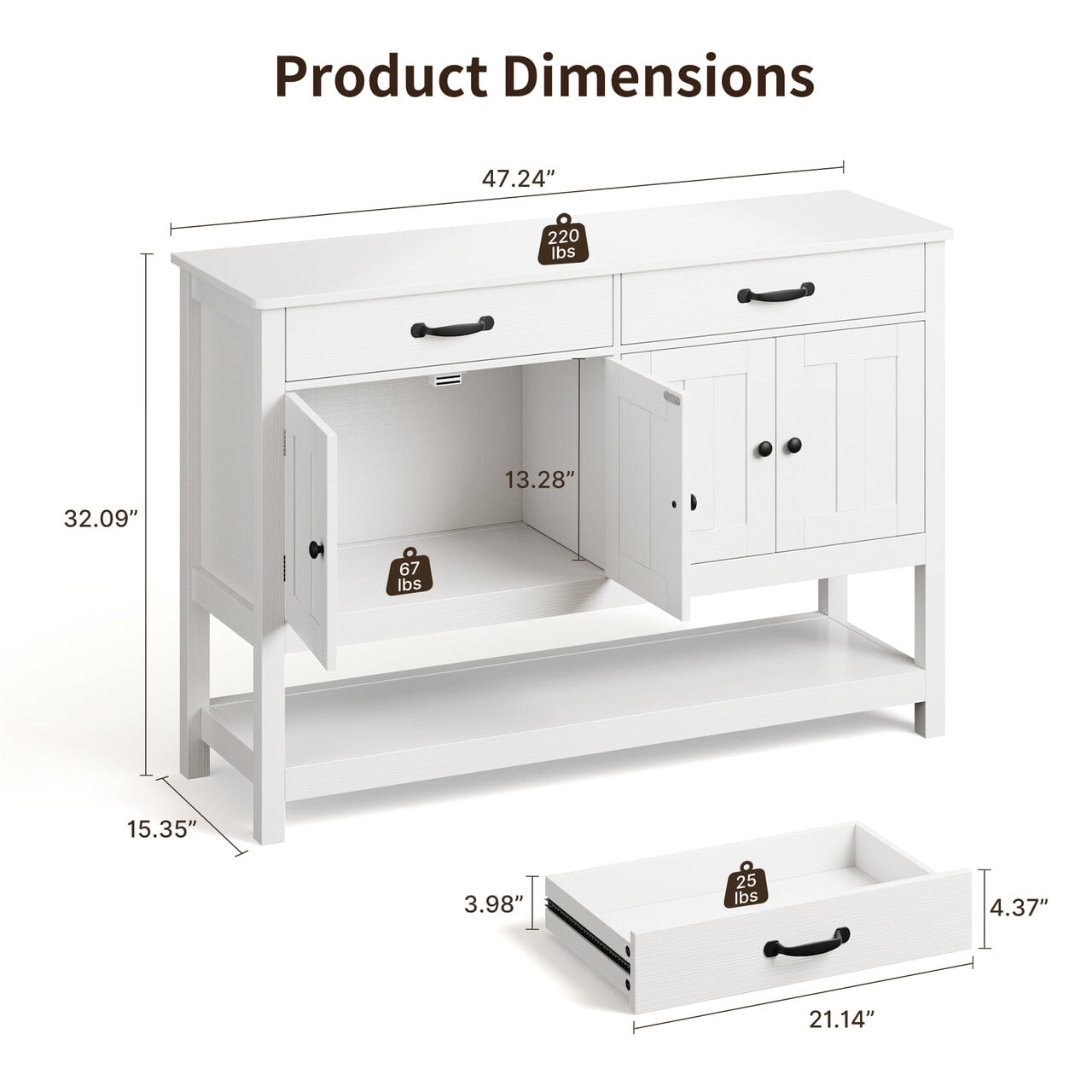 Aiho 47” Modern Farmhouse Buffet Sideboard Cabinet with 2 Drawers & Doors, Multi-Functional Coffee Bar & Entryway Table with Shelf for Living Room, Hallway Storage, White