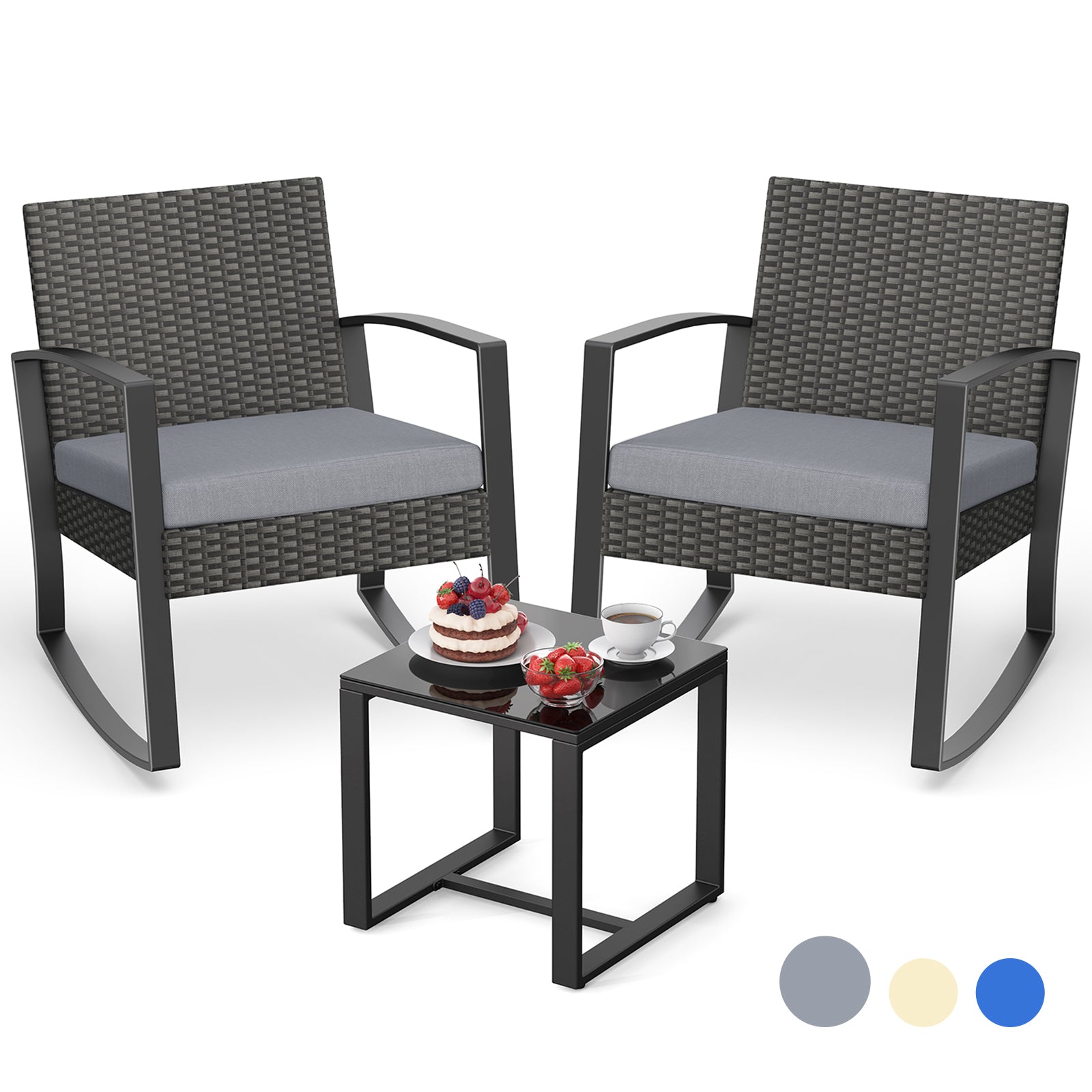 3-Piece Wicker Patio Set with Glass Table, Rocking Chairs