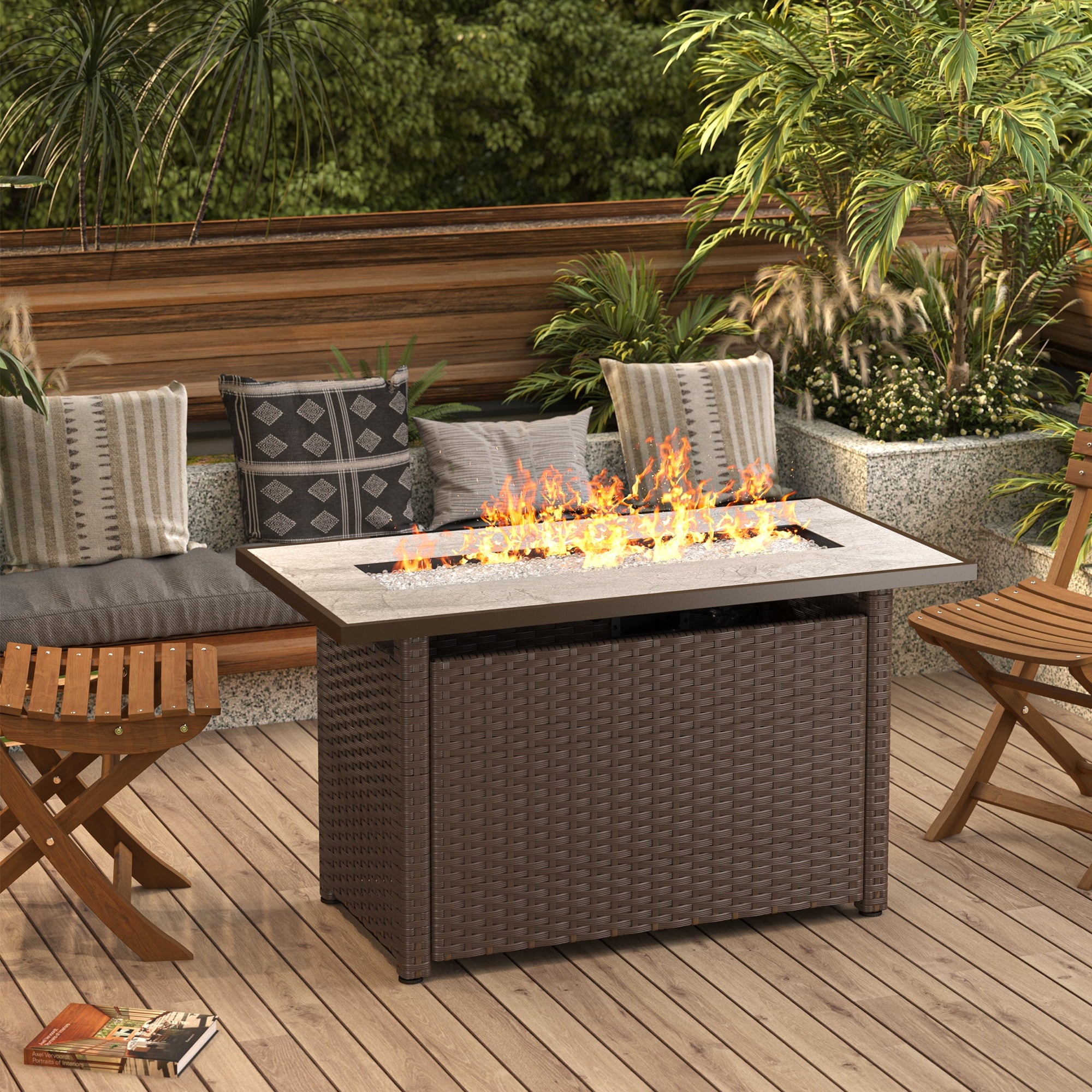 Aiho Outdoor Fire Pit Table, 45" Square 50000 BTU Patio Propane Fire Pit Table with Lava Rocks