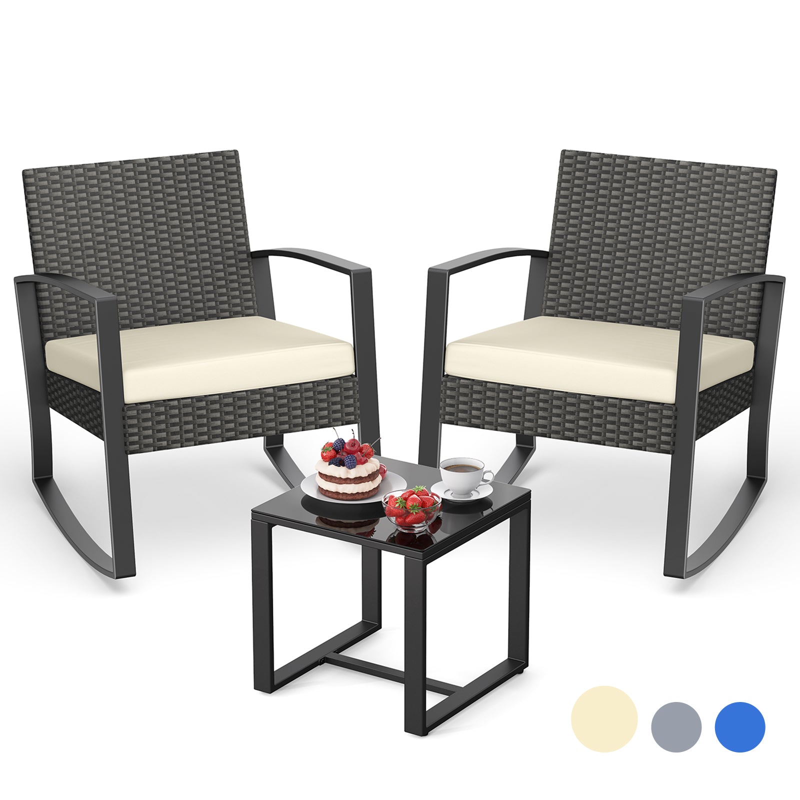 3-Piece Wicker Patio Set with Glass Table, Rocking Chairs