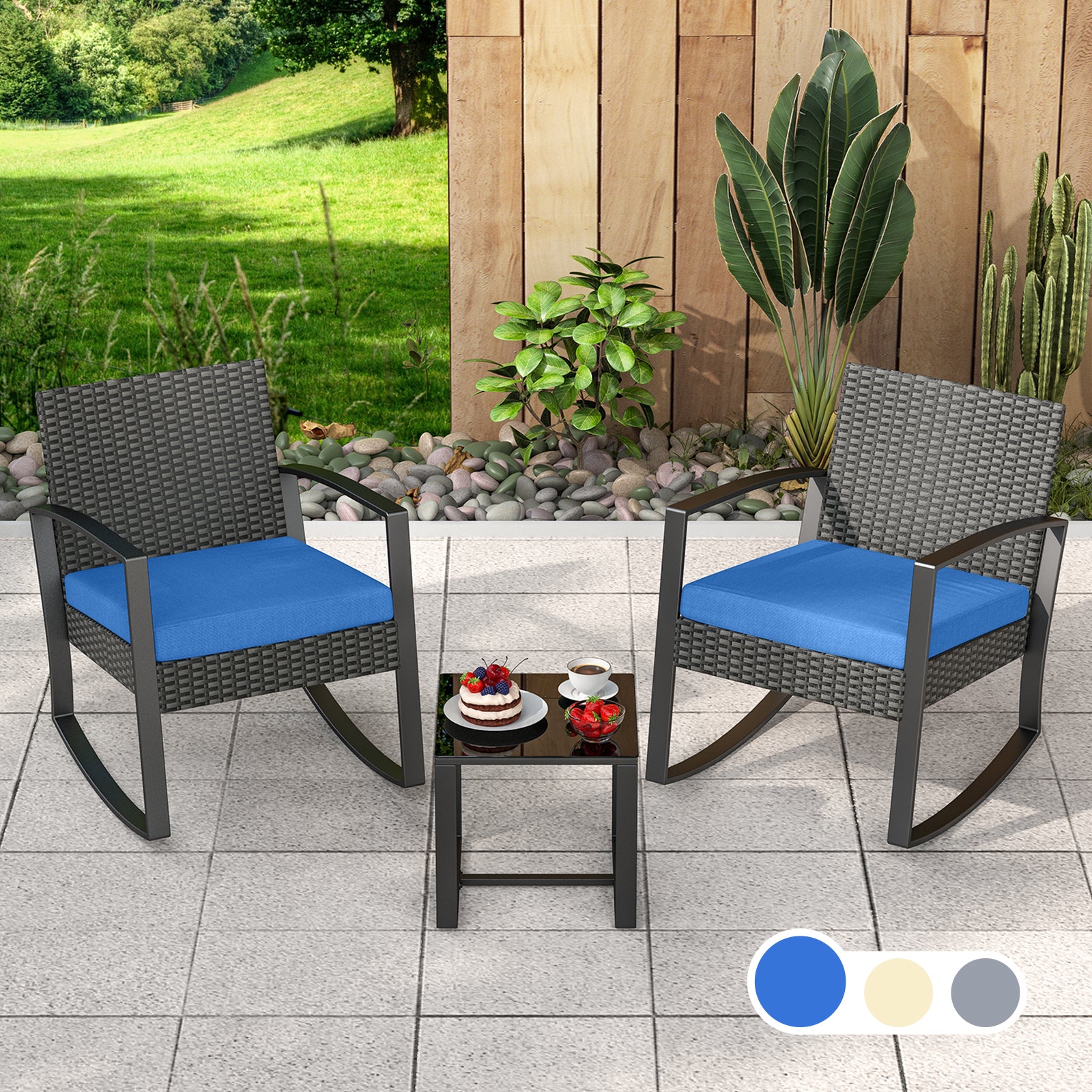 3-Piece Wicker Patio Set with Glass Table, Rocking Chairs
