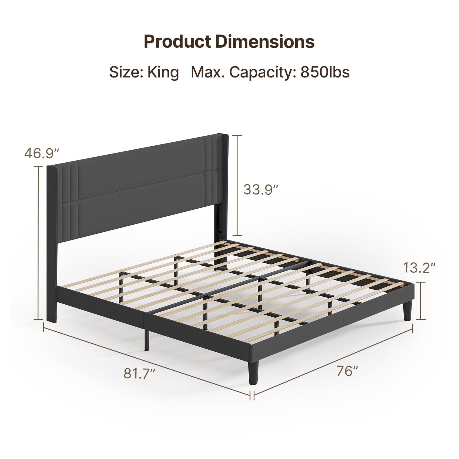 Aiho Wingback Bed Frame - King Platform Bed with Storage & Upholstered Headboard, Dark Grey