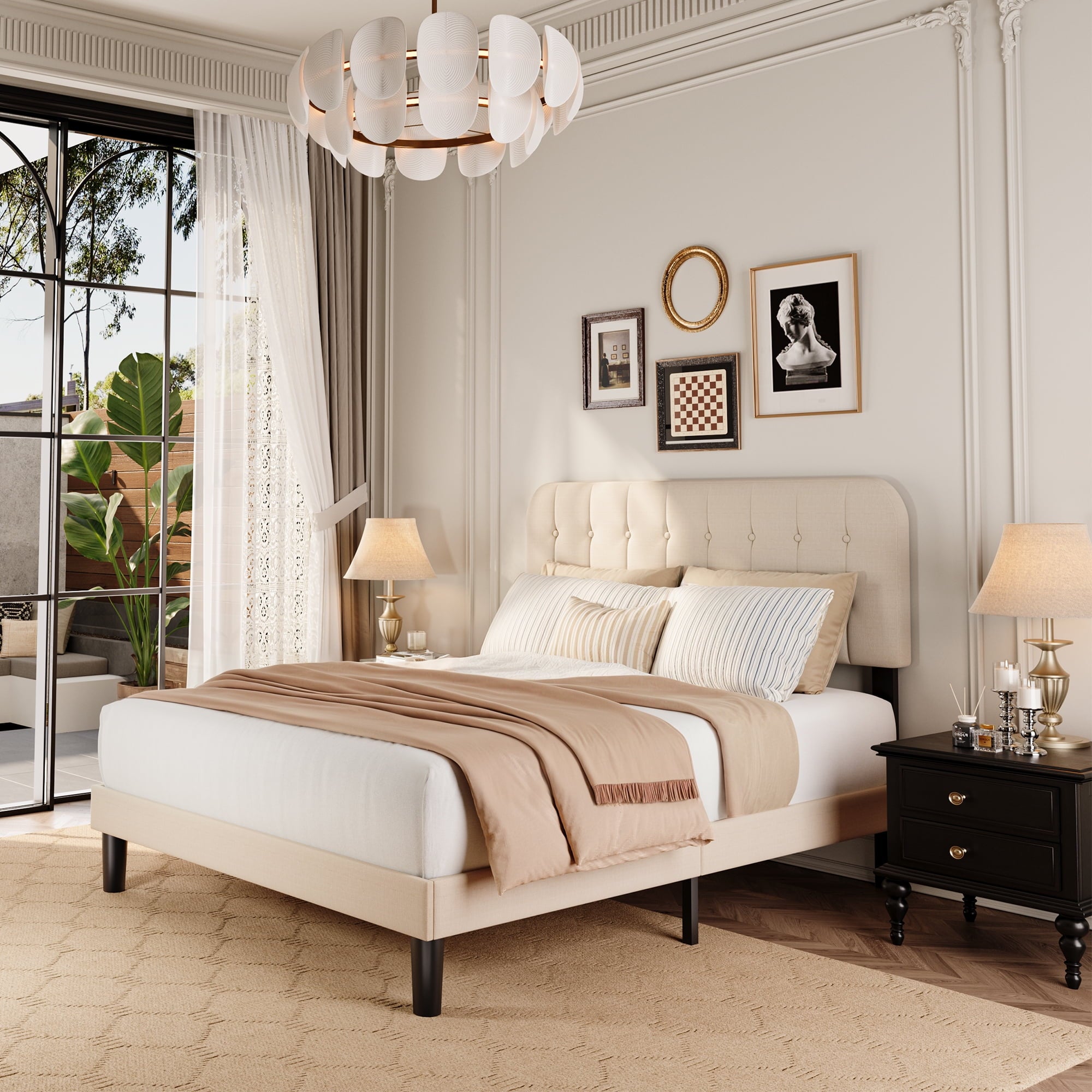 Queen Upholstered Platform Bed Frame with Headboard - Modern Bedroom Furniture with Sturdy Wooden Slats, Quiet & Noise Free, No Box Spring Needed, Beige