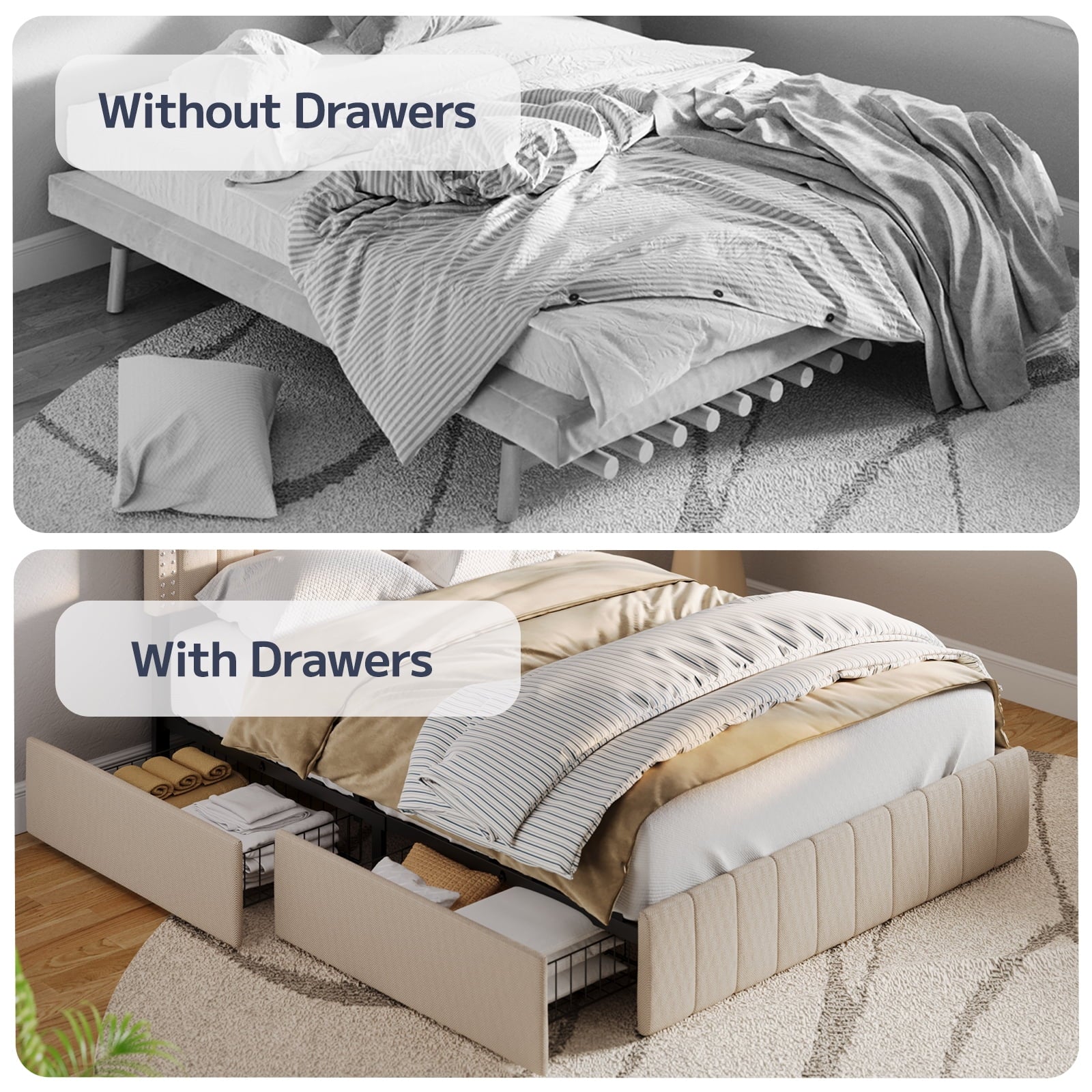 Aiho Queen Bed Frame with 4 Storage Drawers for Bedroom, Beige