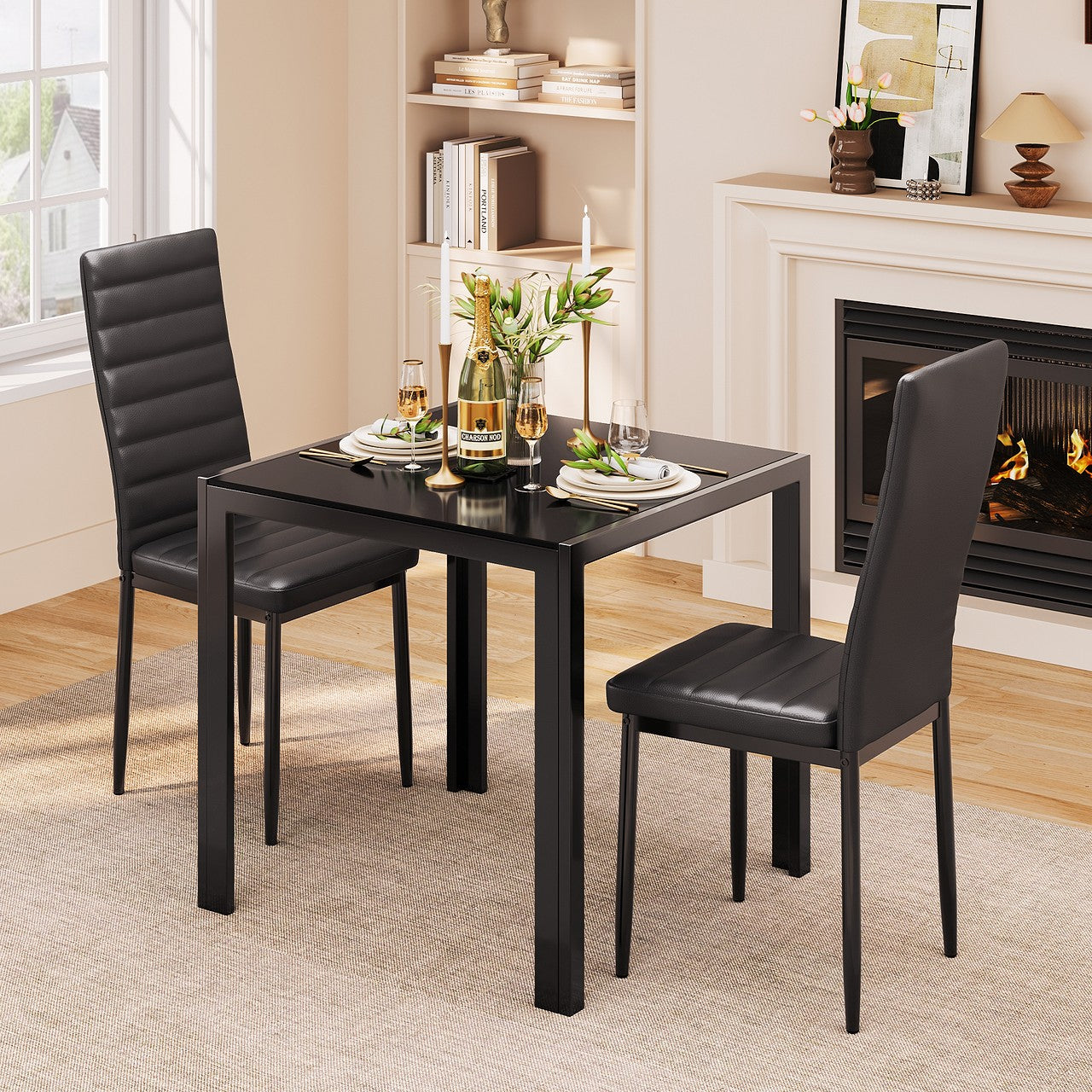 Modern Dining Table Sets with PU Leather Chairs for 2 For Home