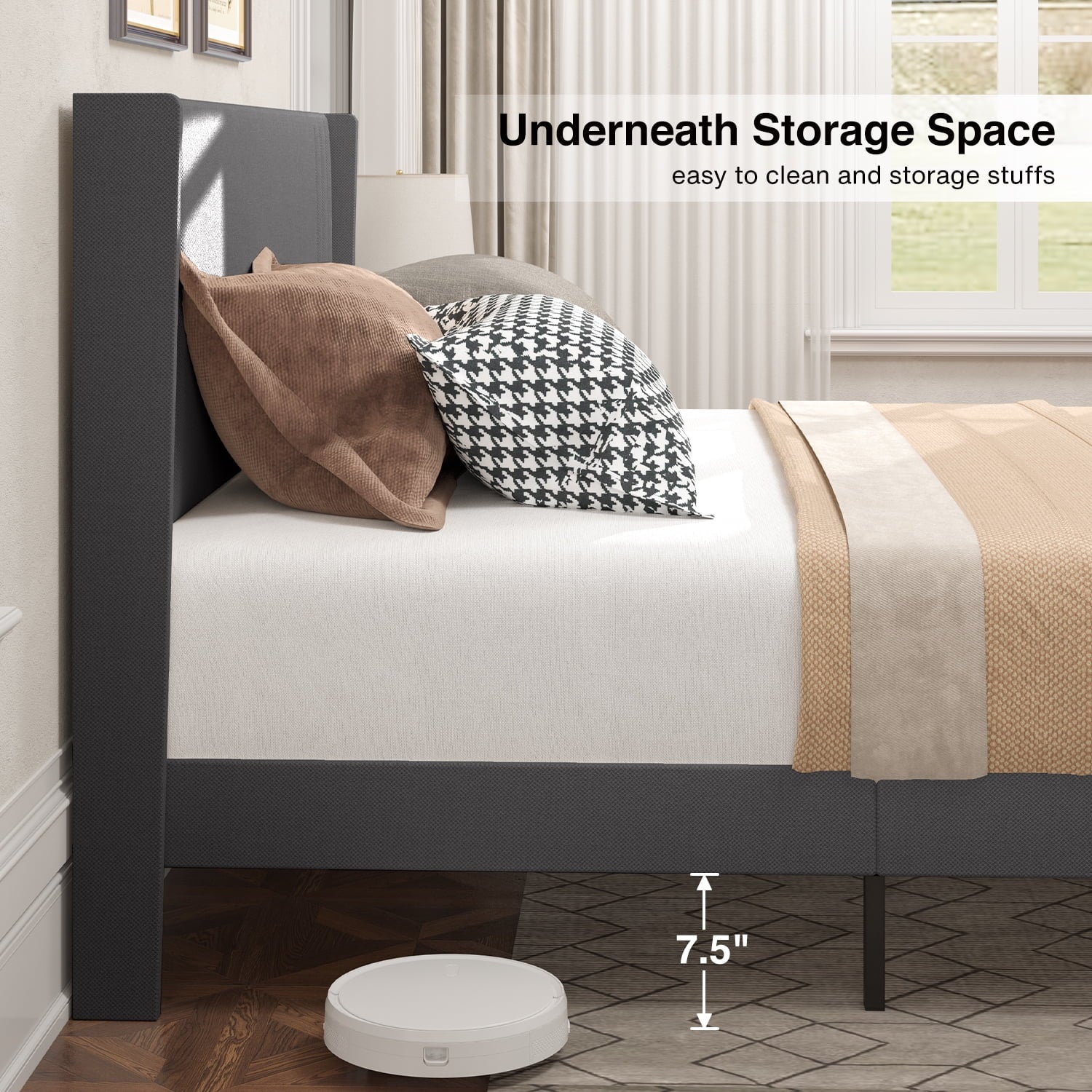 Aiho Full Bed Frame with Wingback Upholstered Headboard, Dark Grey