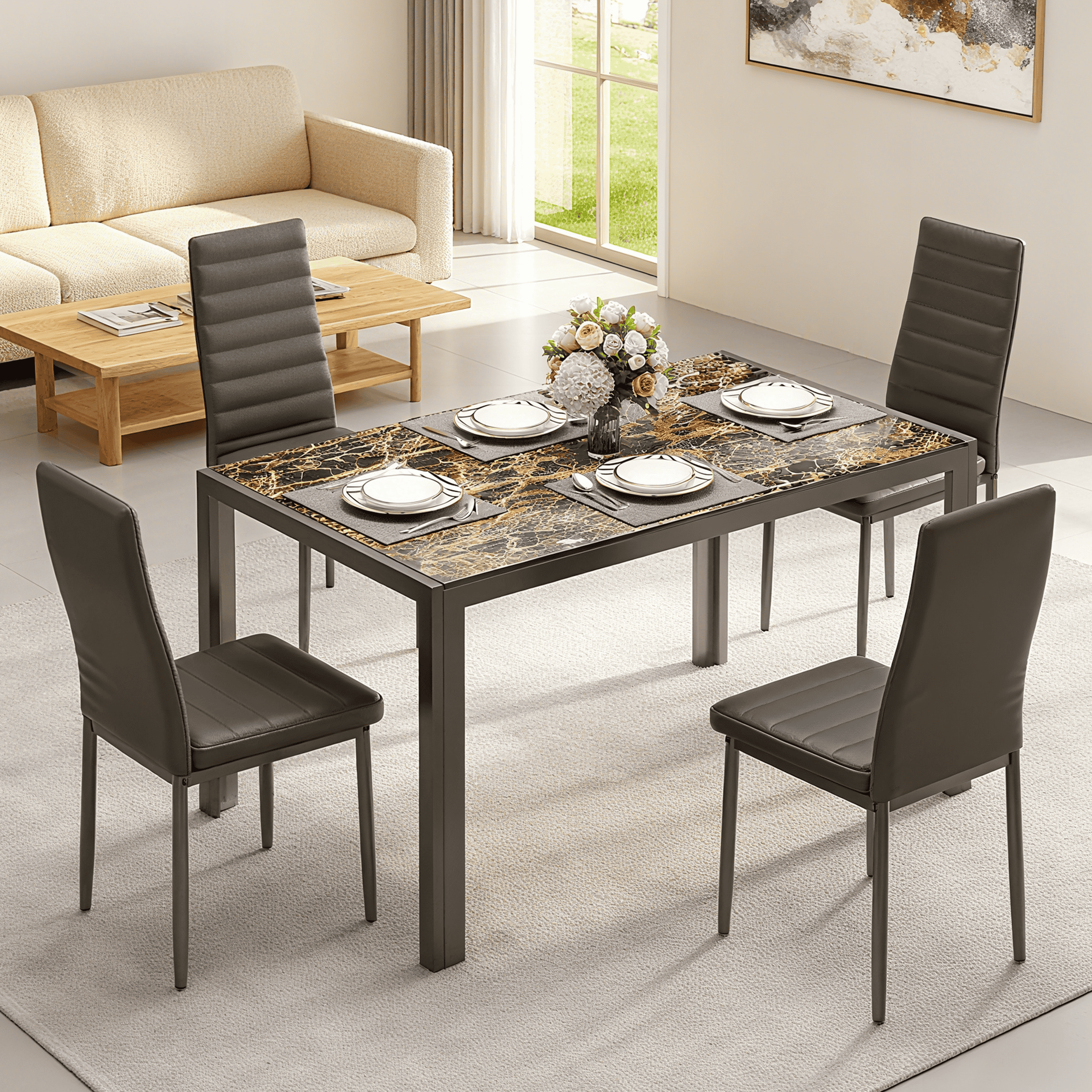 Aiho Dining Table Set for 4, Modern Glass Kitchen Table with 4 Cushioned Chairs , For Dining Room, Kitchen, Living Room - Marble