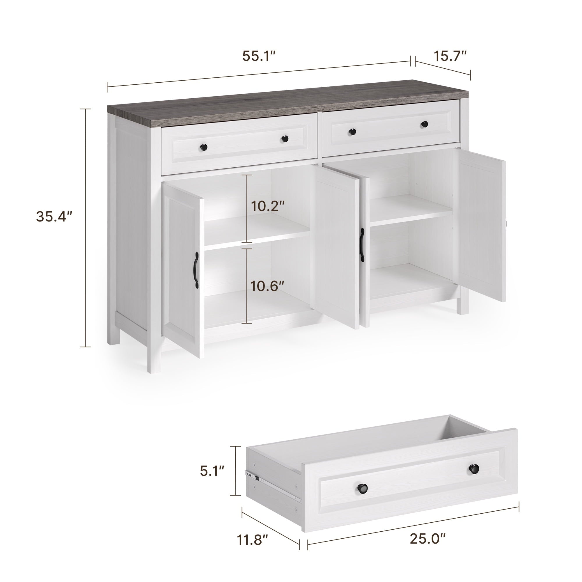 Aiho Farmhouse Kitchen Buffet Cabinet with Storage – 55.1" Rustic Sideboard with Drawers & Doors (White/Gray)