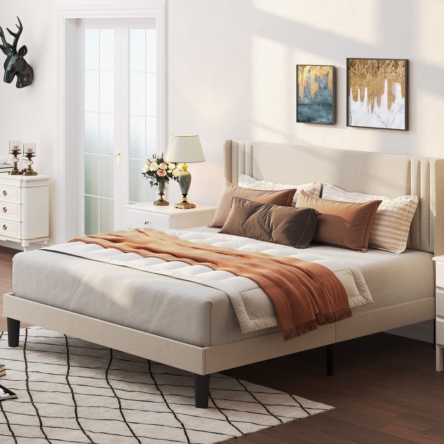 Aiho Full Bed Frame with Wingback Upholstered Headboard, Beige