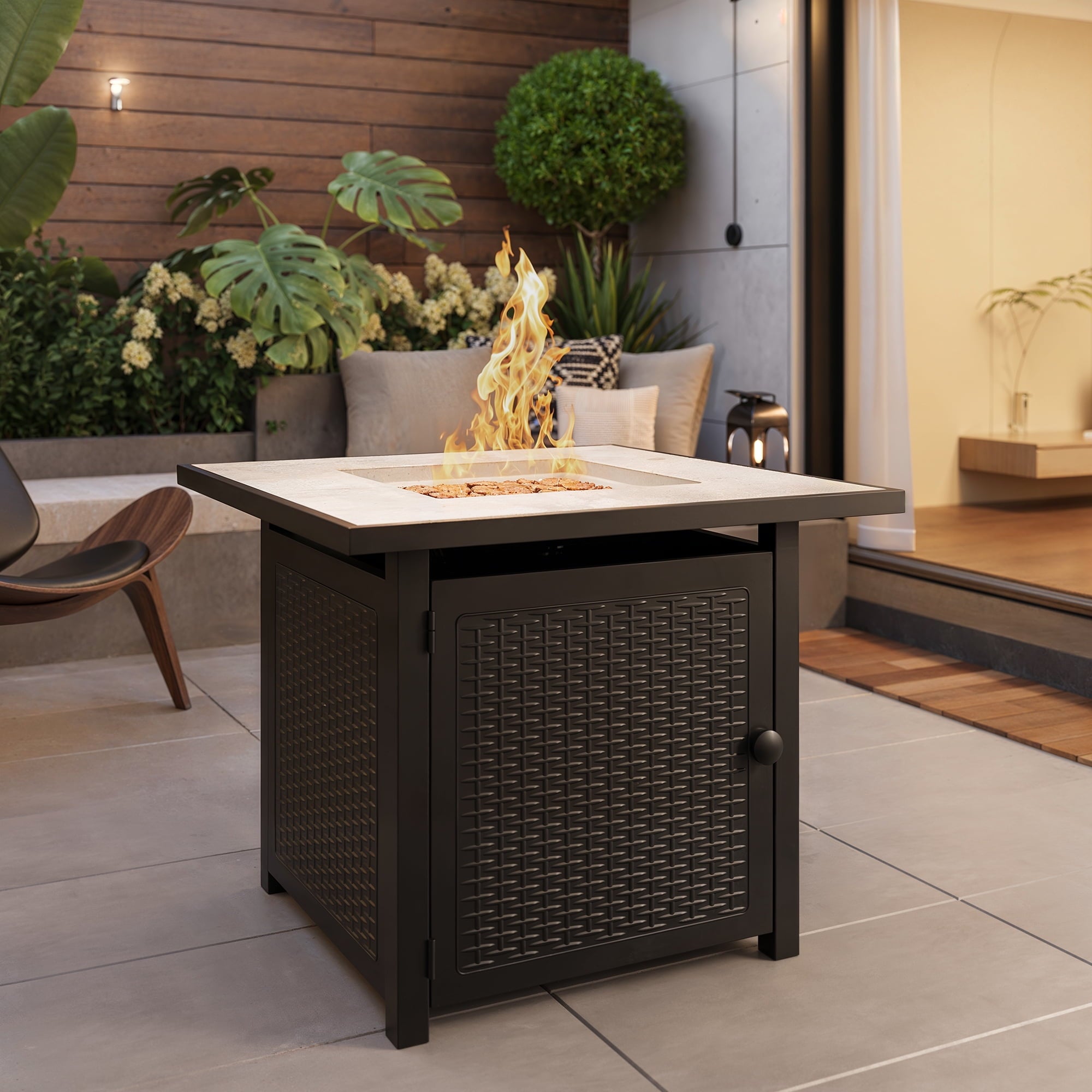 Aiho Outdoor Fire Pit 30" Square 50000 BTU Patio Propane Fire Pit Table with Lava Rocks
