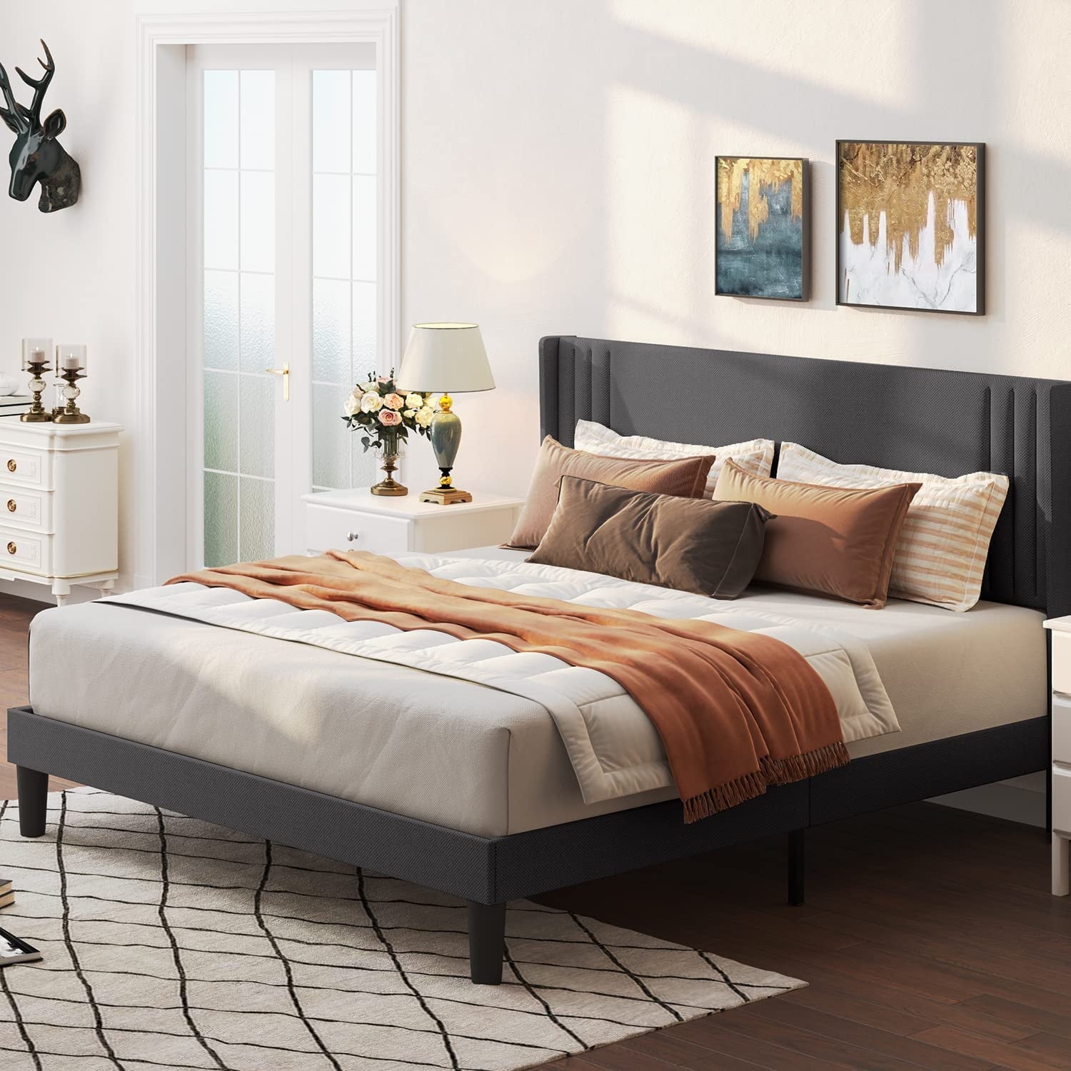 Queen Platform Bed Frame with Wingback Headboard, Dark Grey