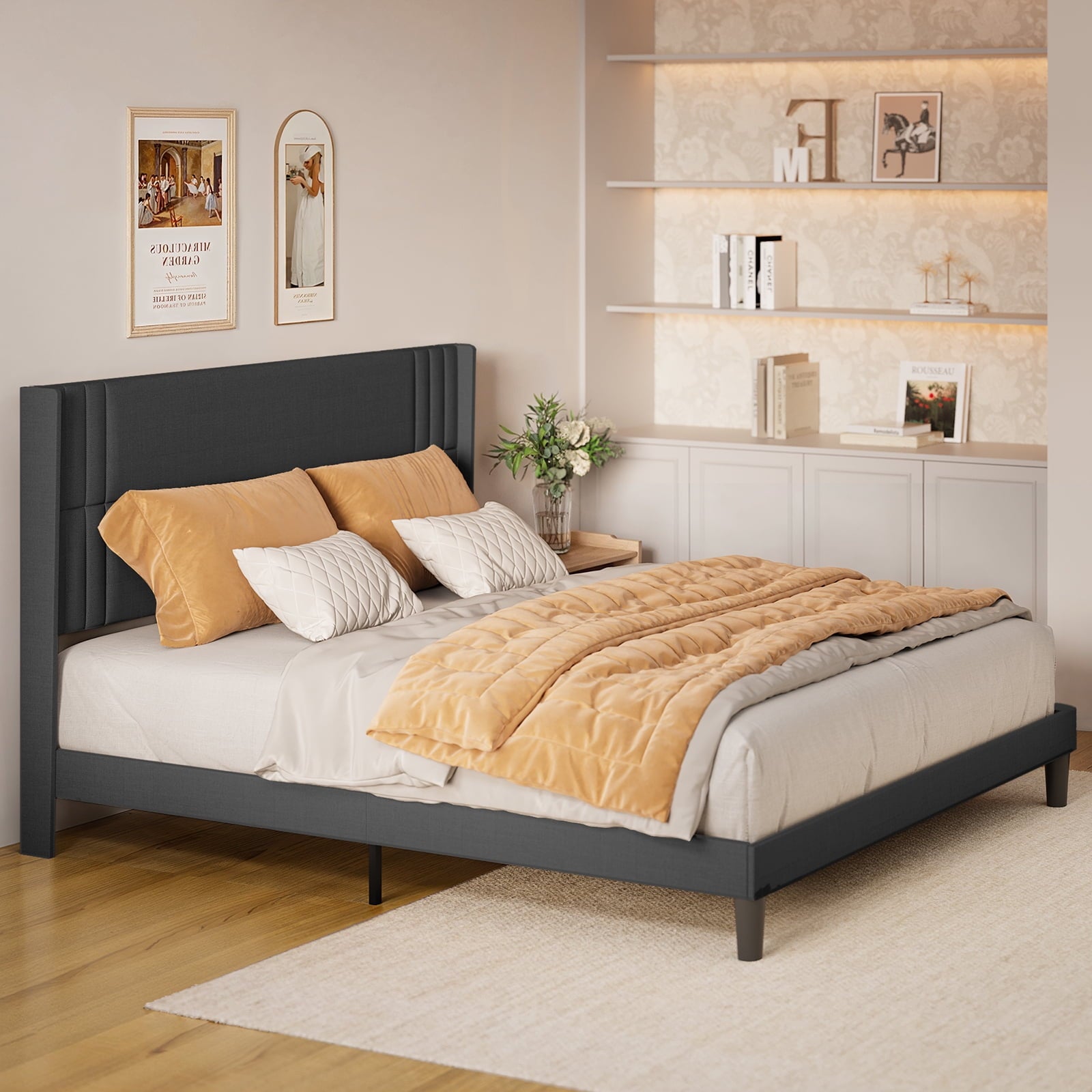 Aiho Wingback Bed Frame - King Platform Bed with Storage & Upholstered Headboard, Dark Grey