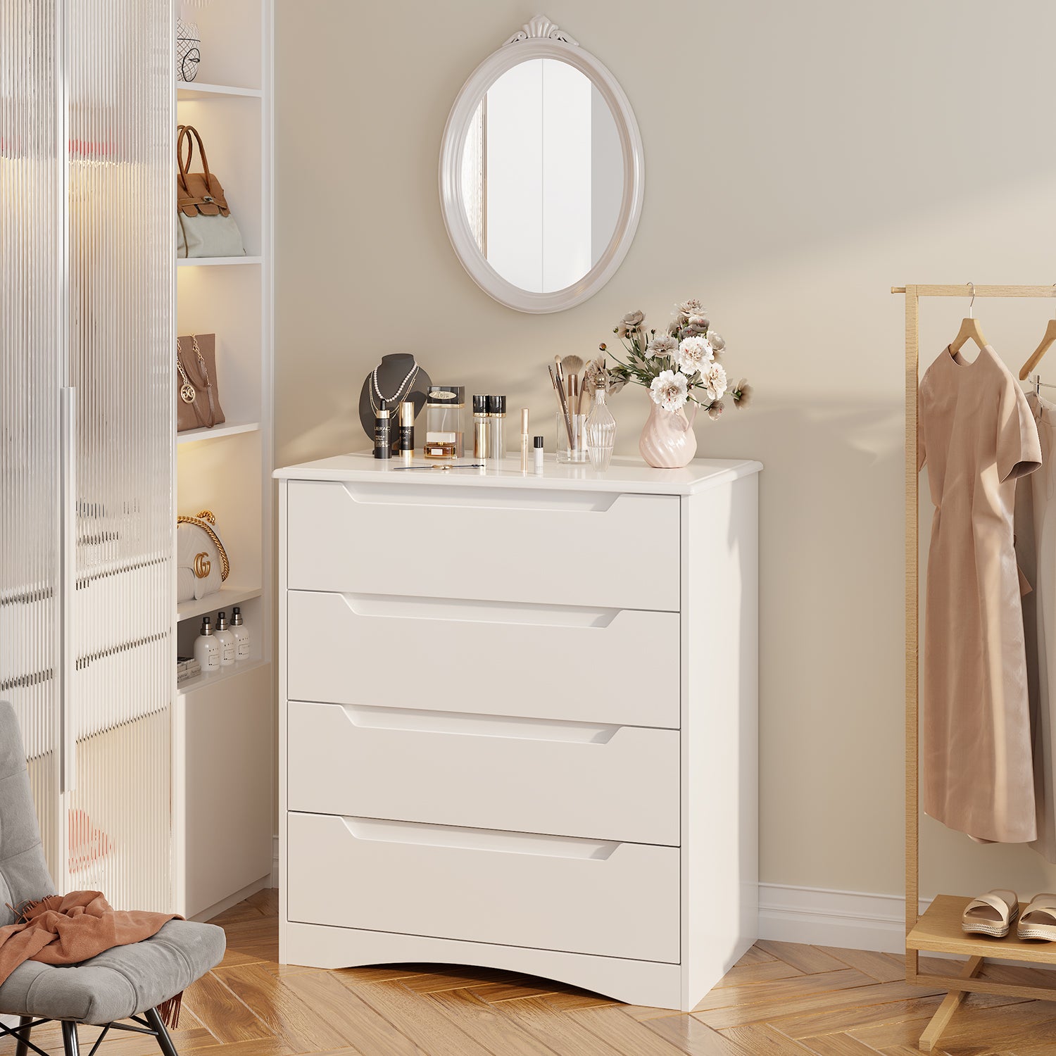 Aiho White 4 Drawer Dresser for Bedroom, Wooden Storage Organizer Cabinet for Living Room, Bedroom - White