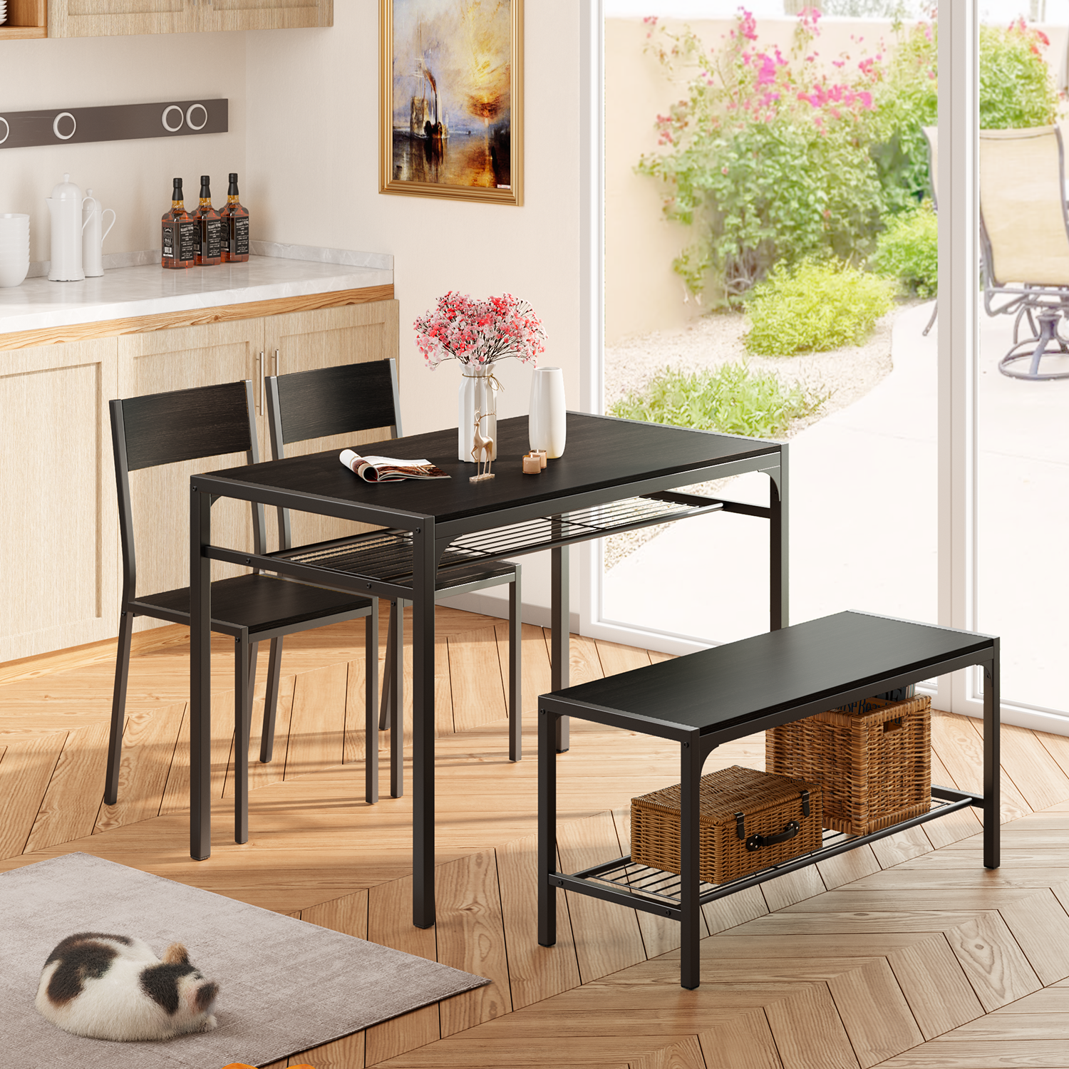 Aiho 4 Piece Dining Table with 2 Chairs and Bench for Kitchen, Small Space