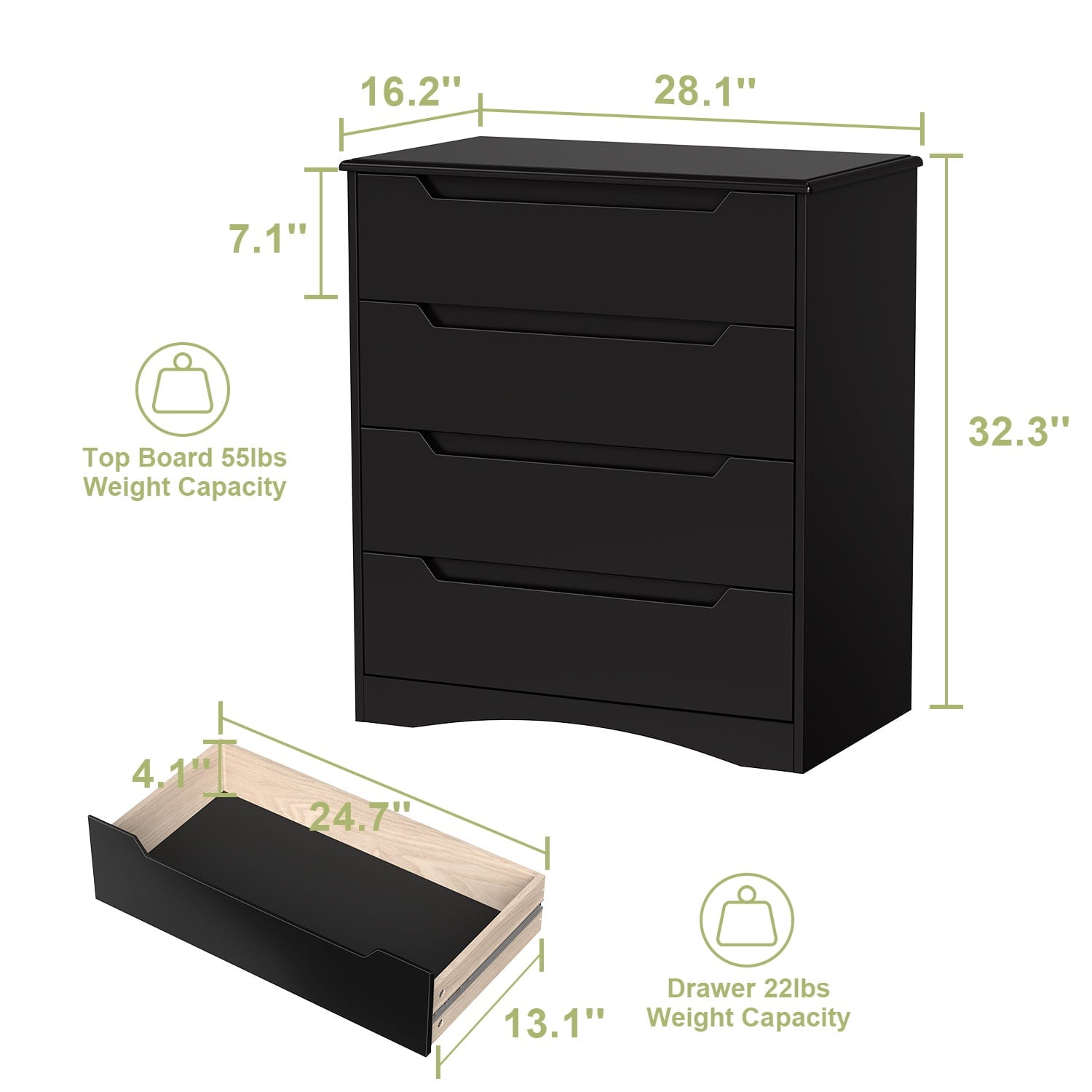 Aiho 4 Drawer Dresser, 32 "H Black Dresser with Cutout Handles for Bedroom