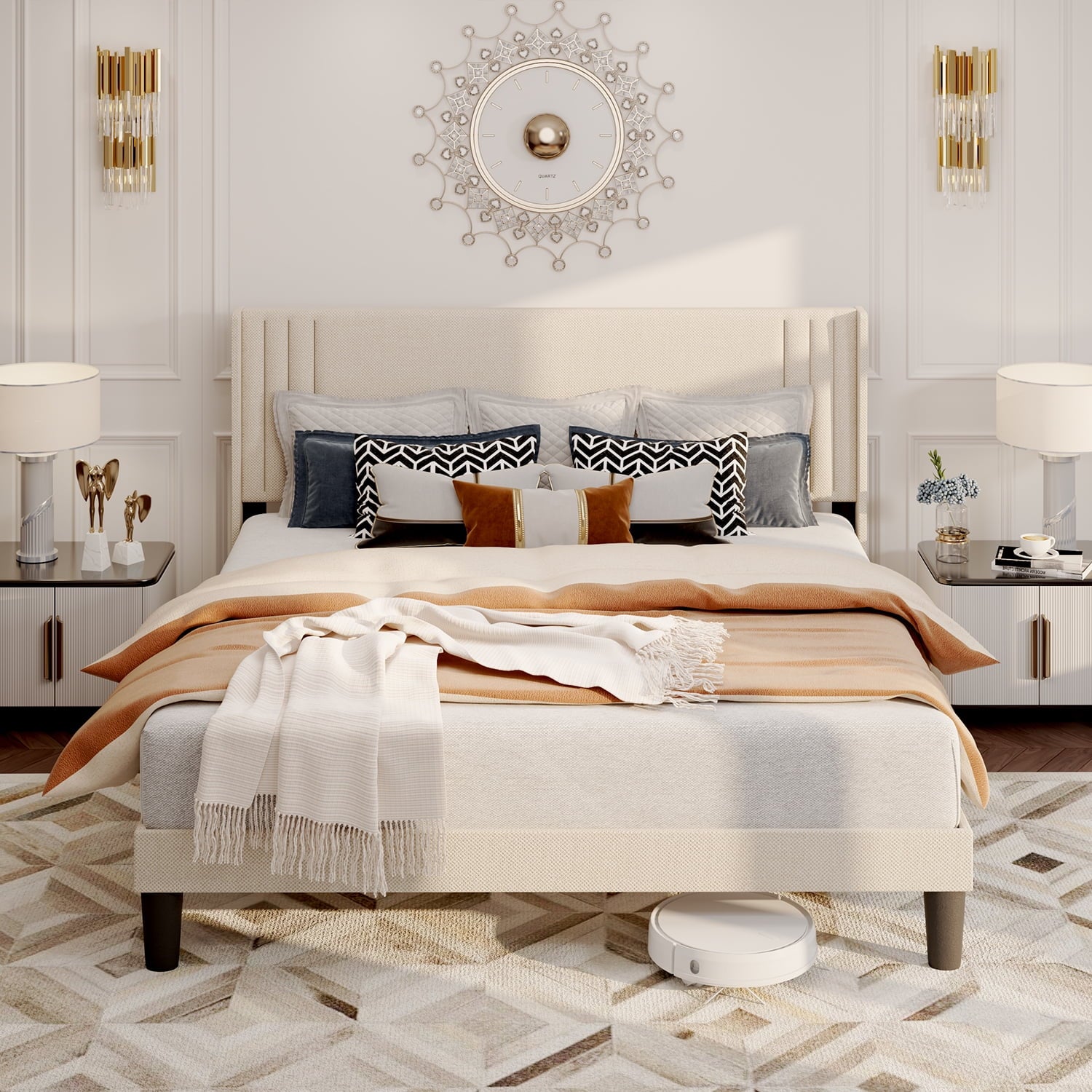 Aiho Full Platform Bed Frame with Wingback Headboard for bedroom, Beige