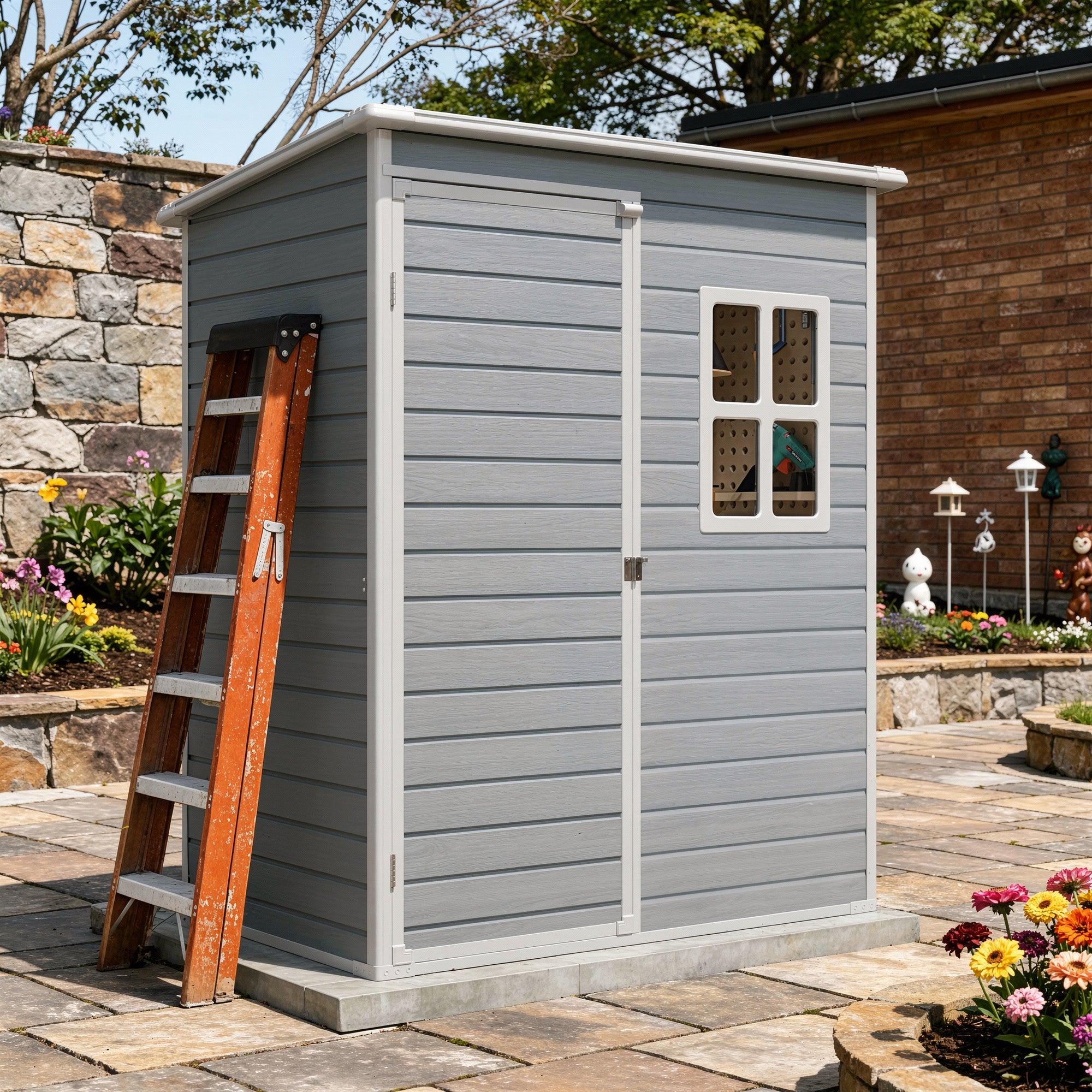 Aiho Outdoor Storage Shed with Floor, 5 x 3 Ft Weatherproof Plastic Ga ...