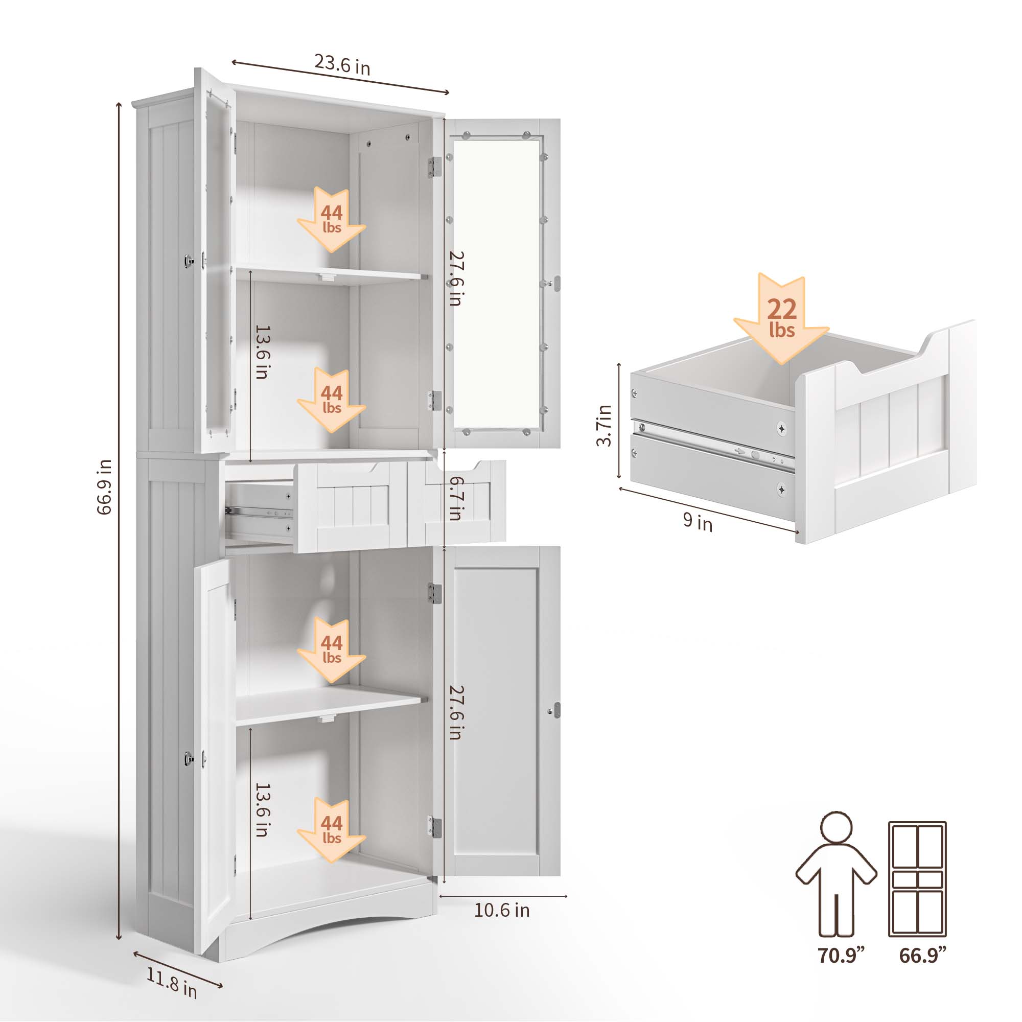 Aiho 67" Kitchen Pantry Storage Cabinet, Pantry Storage Cabinet with 2 Drawers and Glass Doors for Kitchen, Dining Room