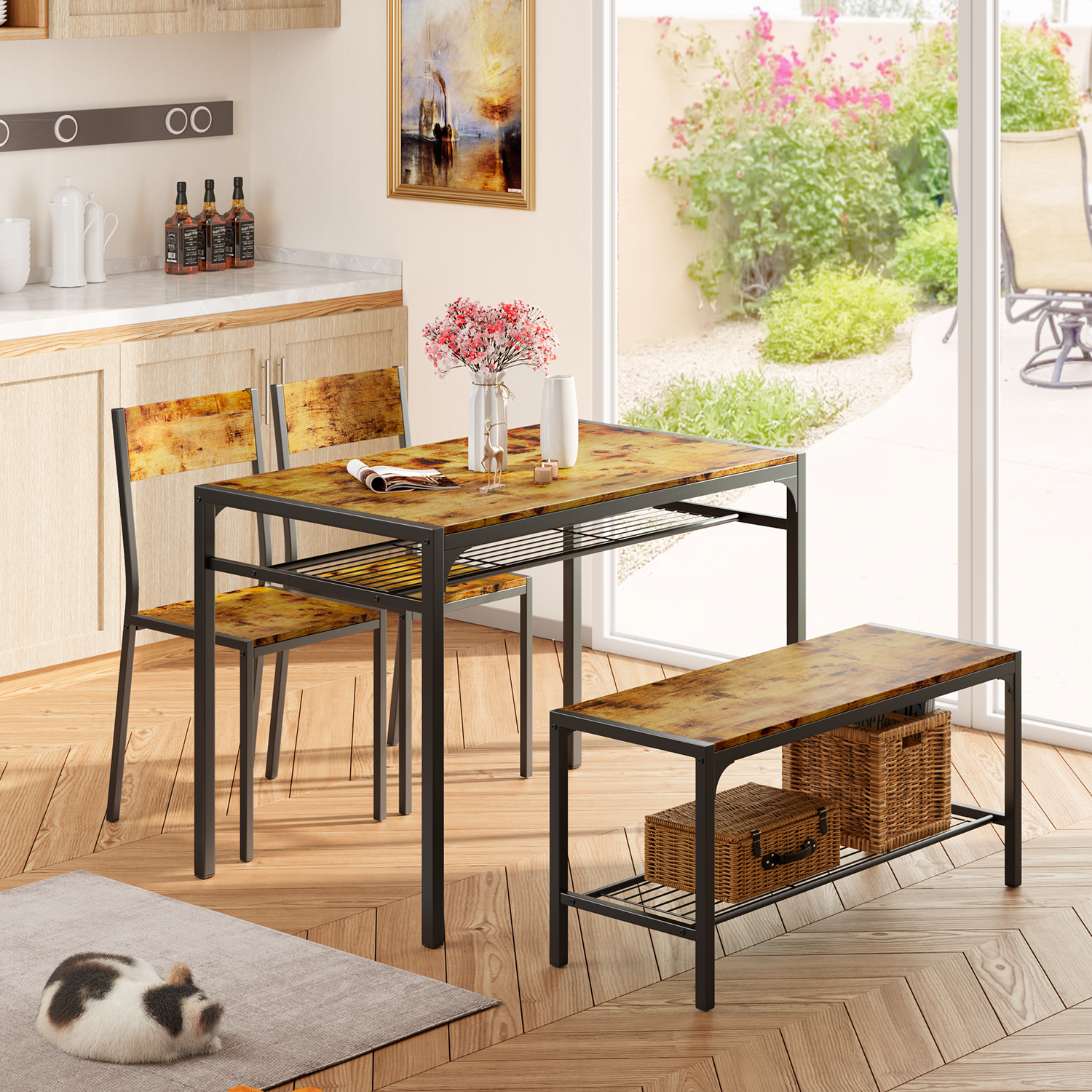 Aiho 4 Piece Dining Table with 2 Chairs and Bench for Kitchen, Small Space