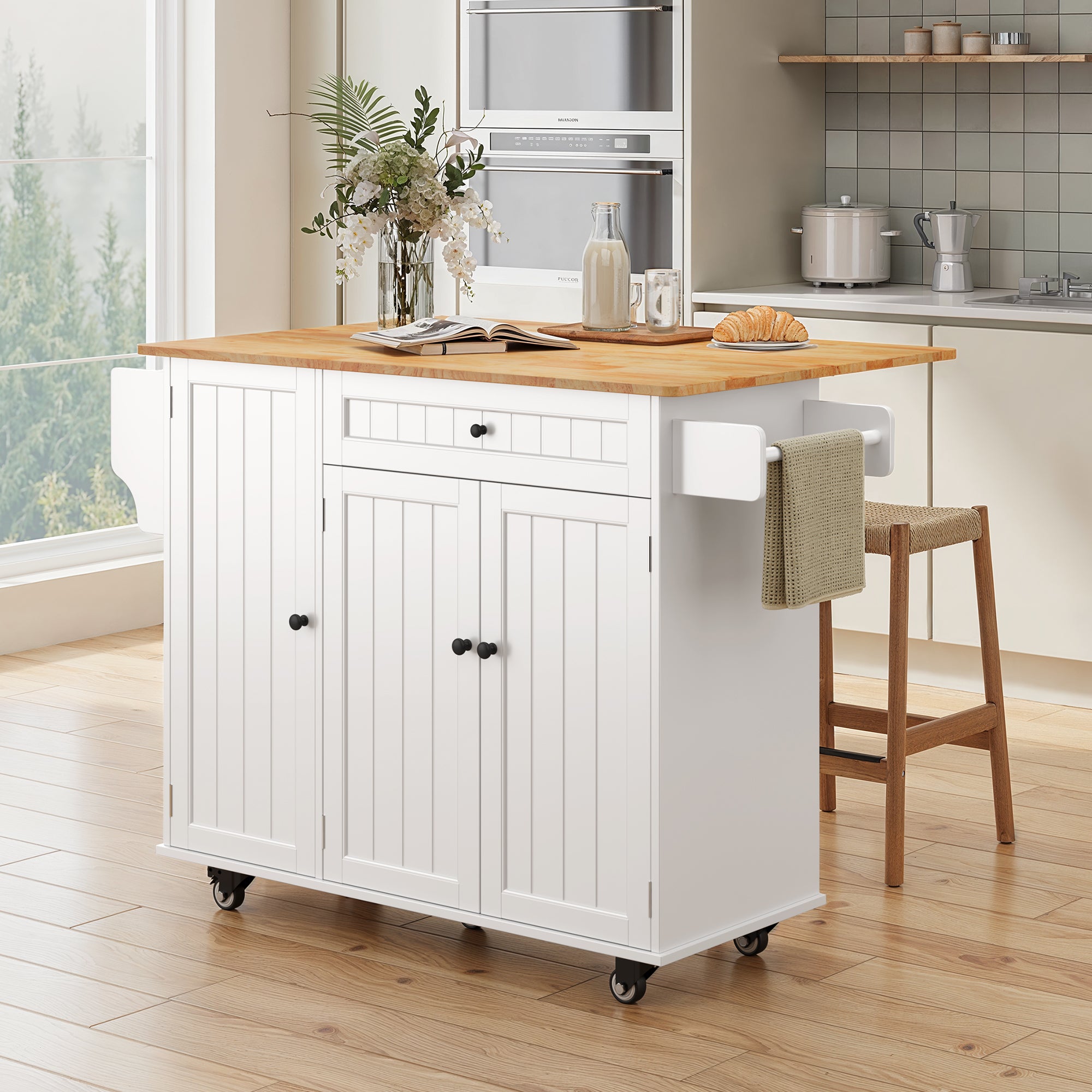 41.7" Rolling Kitchen Island Cart with Storage & Folding Breakfast Bar