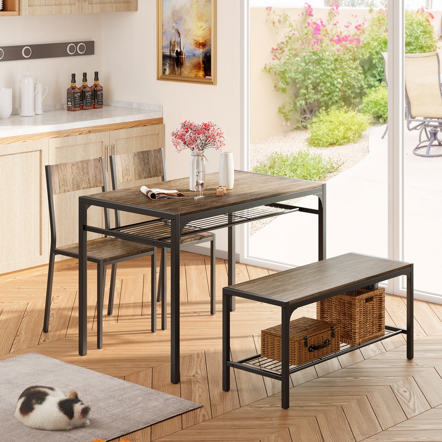 Aiho 4 Piece Dining Table with 2 Chairs and Bench for Kitchen, Small Space