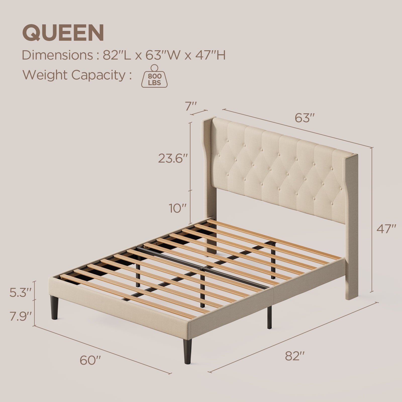 Queen Size Bed Frame with Button Upholstered Headboard and Under Bed Storage for Bedroom, Beige