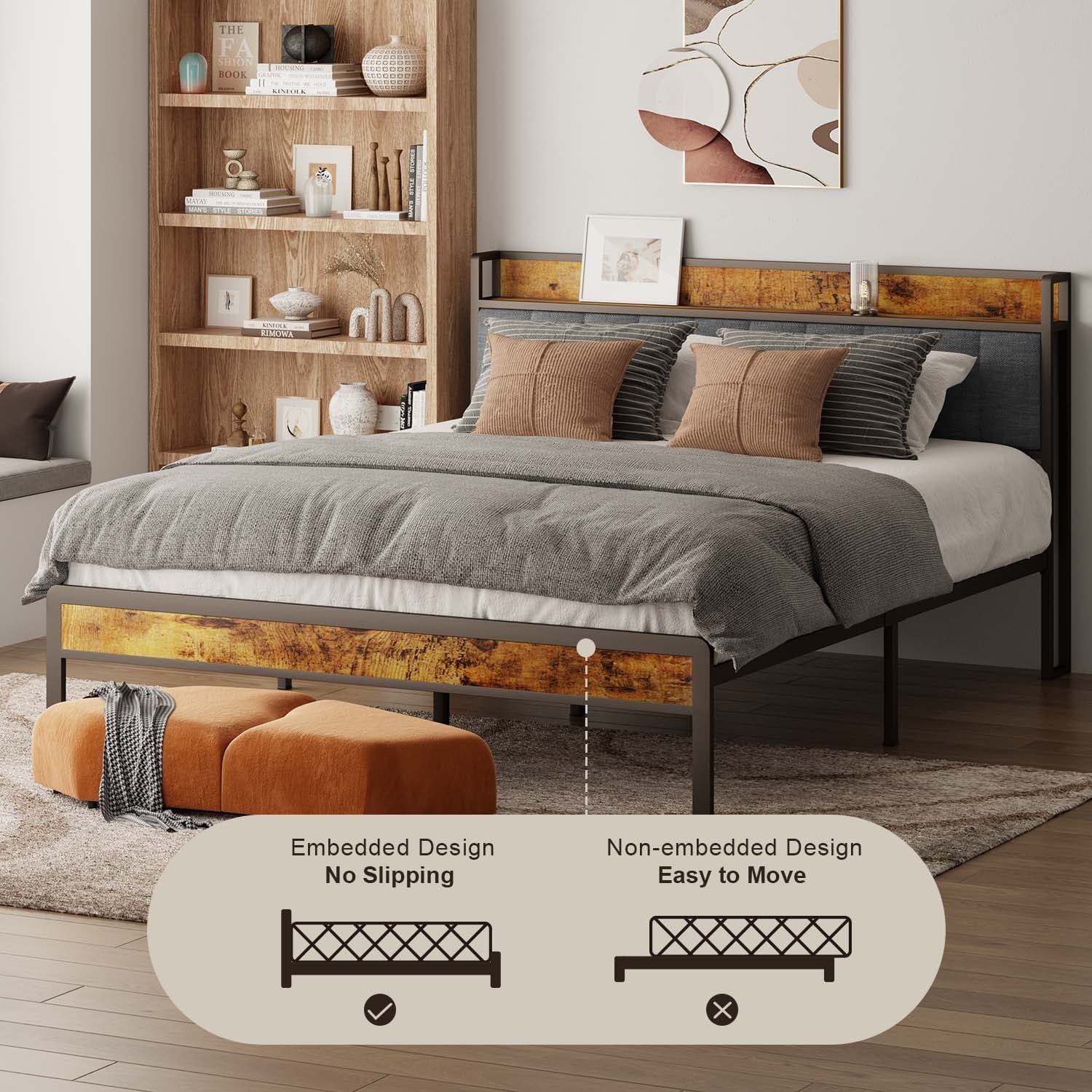 Aiho Queen Bed Frame with Storage Headboard, Metal Platform Bed for Adult