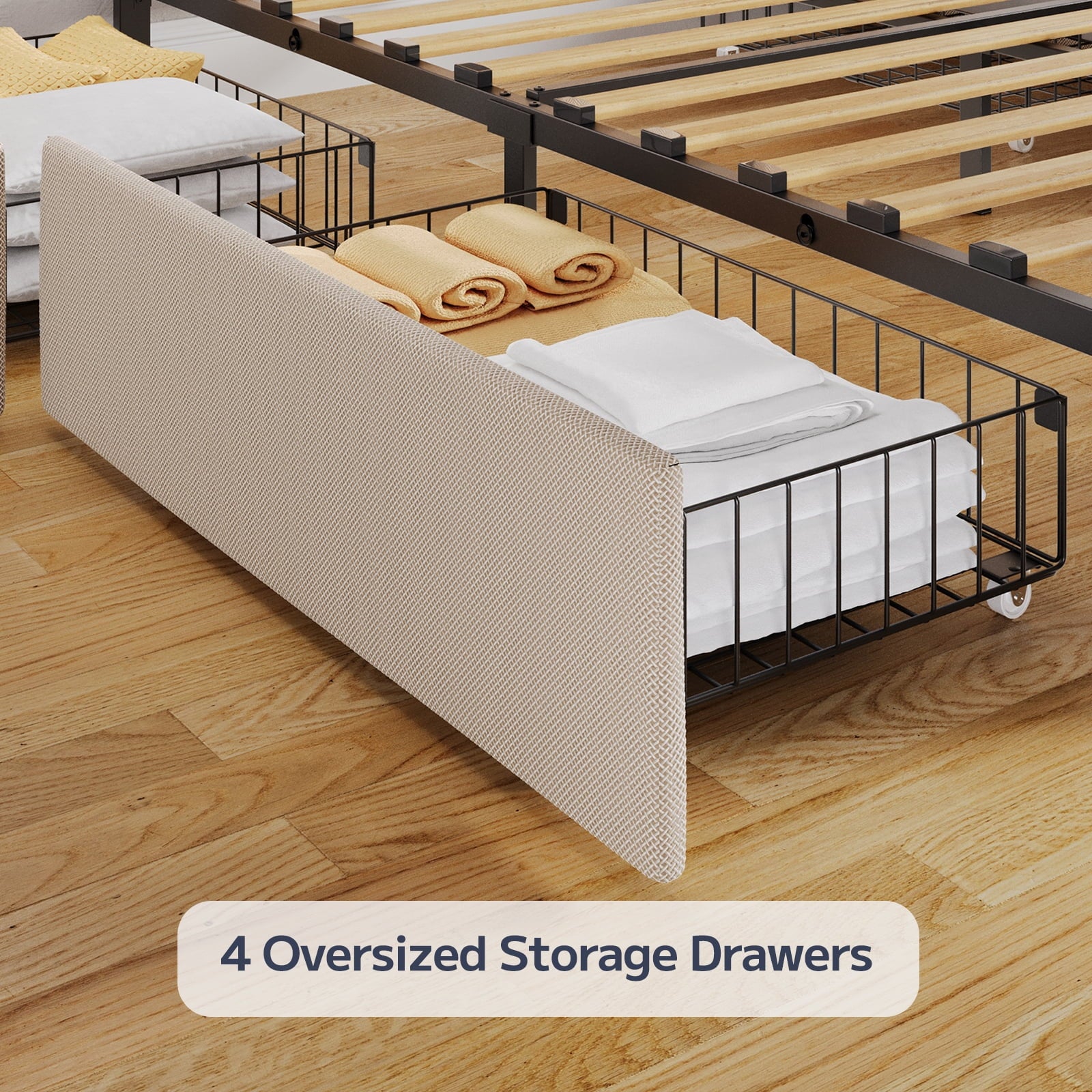 Aiho Queen Bed Frame with 4 Storage Drawers for Bedroom, Beige