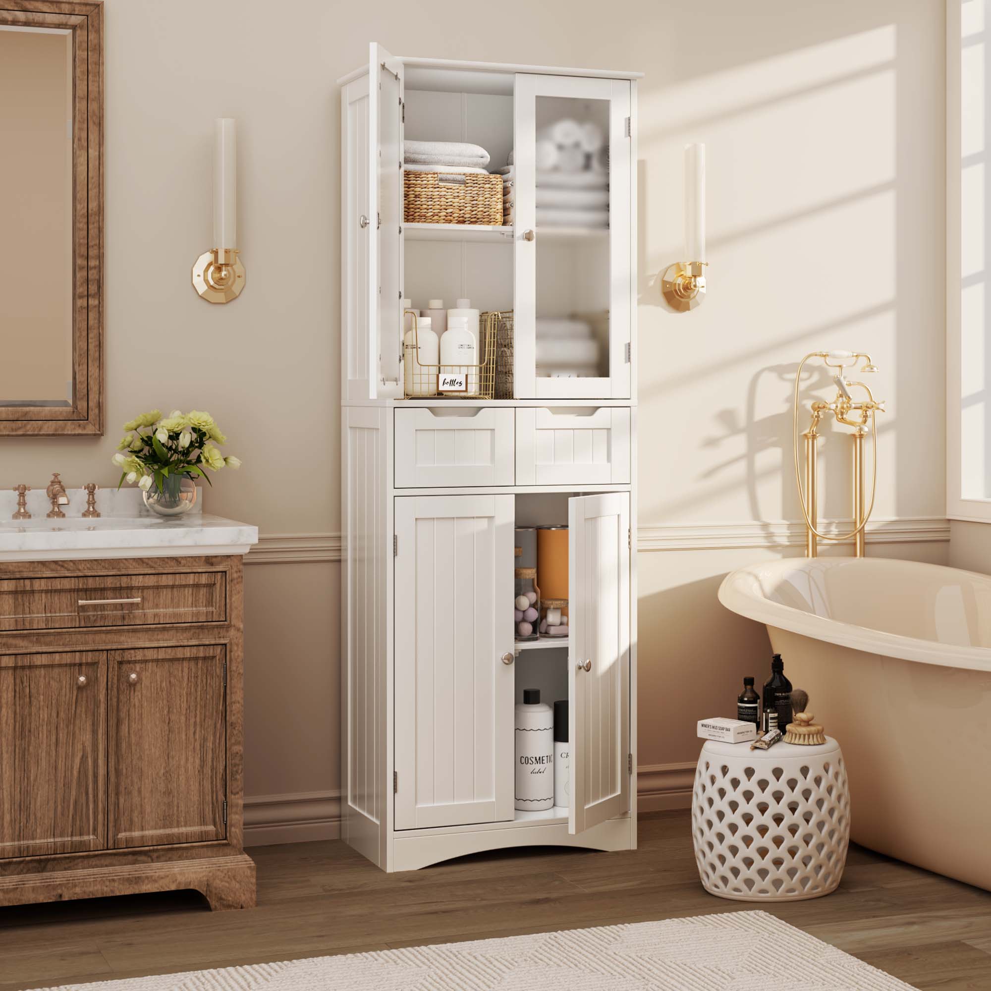 Aiho 67" Kitchen Pantry Storage Cabinet, Pantry Storage Cabinet with 2 Drawers and Glass Doors for Kitchen, Dining Room