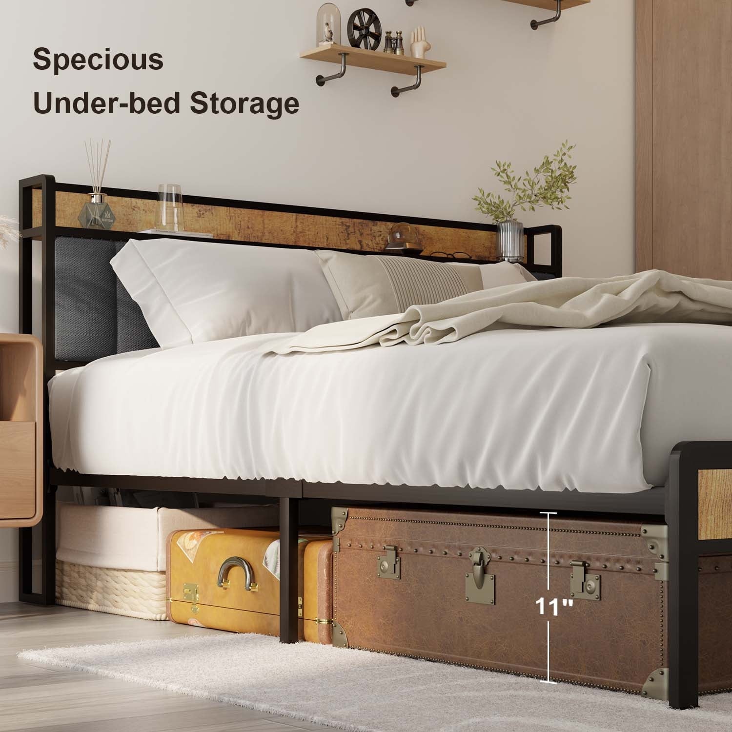 Aiho Queen Bed Frame with Storage Headboard, Metal Platform Bed for Adult