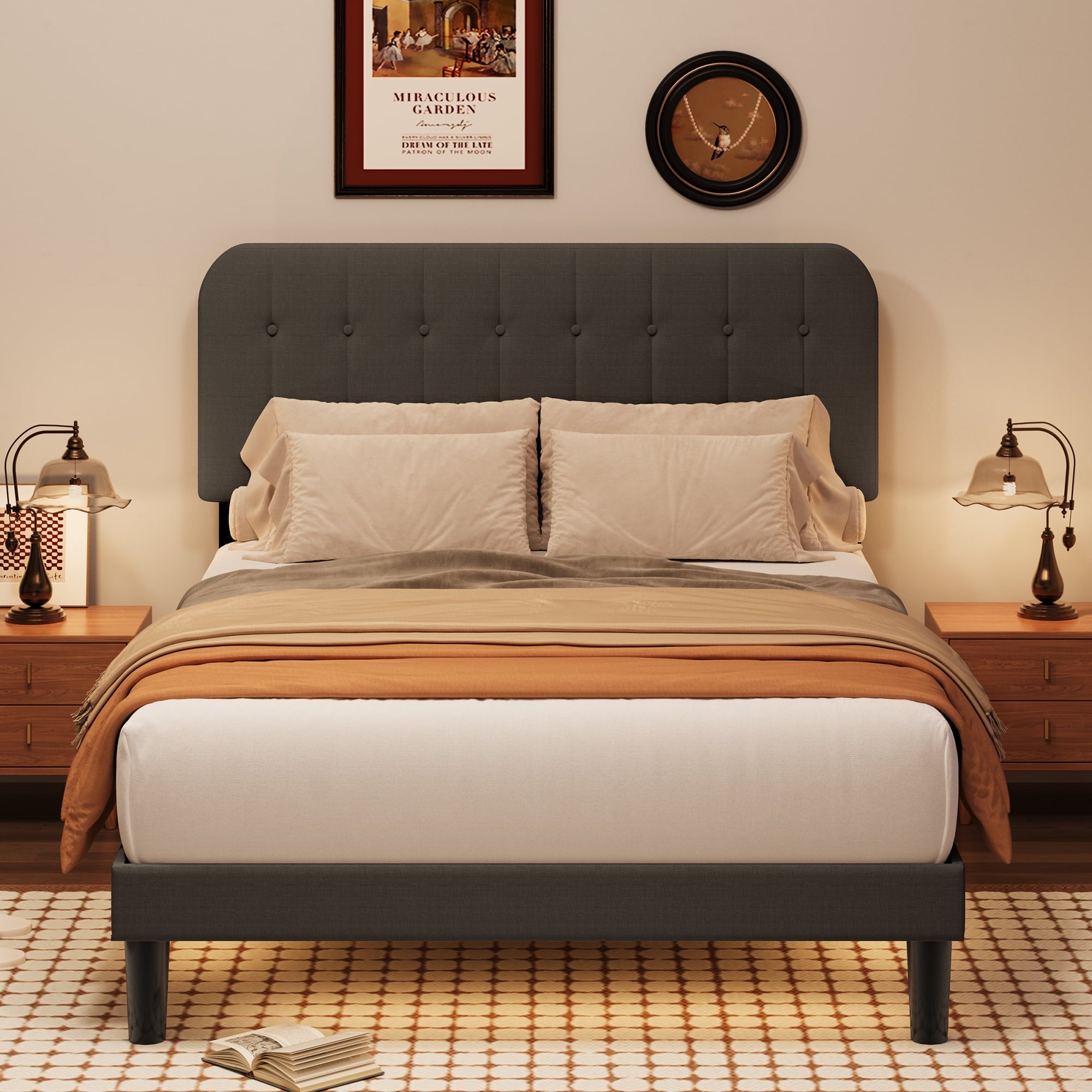 Queen Upholstered Platform Bed Frame with Headboard - Modern Bedroom Furniture with Sturdy Wooden Slats, Quiet & Noise Free, No Box Spring Needed, Dark Gray