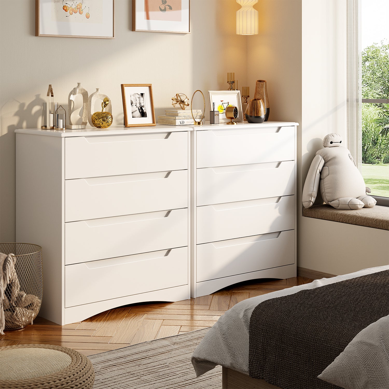 Aiho White 4 Drawer Dresser for Bedroom, Wooden Storage Organizer Cabinet for Living Room, Bedroom - White