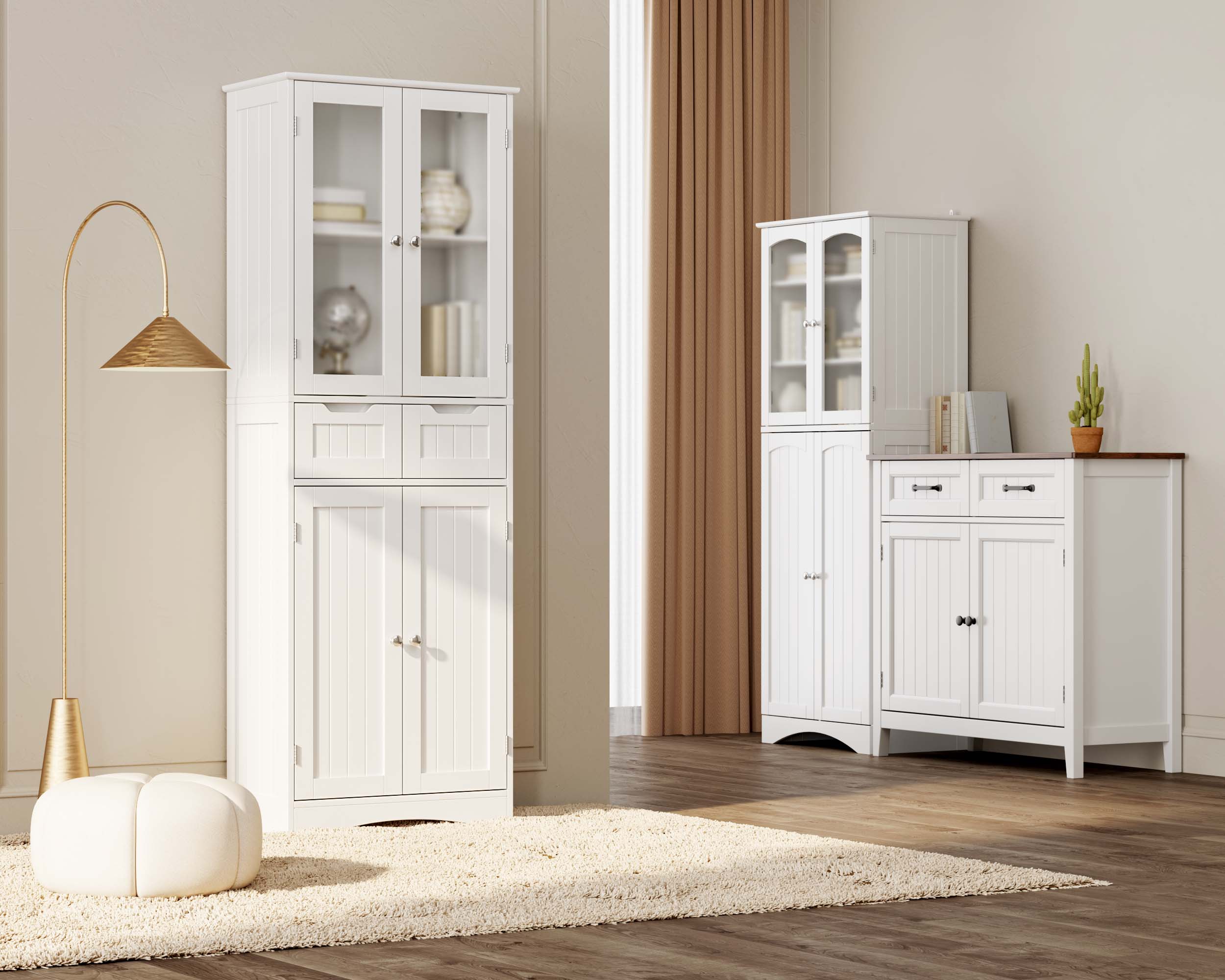 Aiho 67" Kitchen Pantry Storage Cabinet, Pantry Storage Cabinet with 2 Drawers and Glass Doors for Kitchen, Dining Room