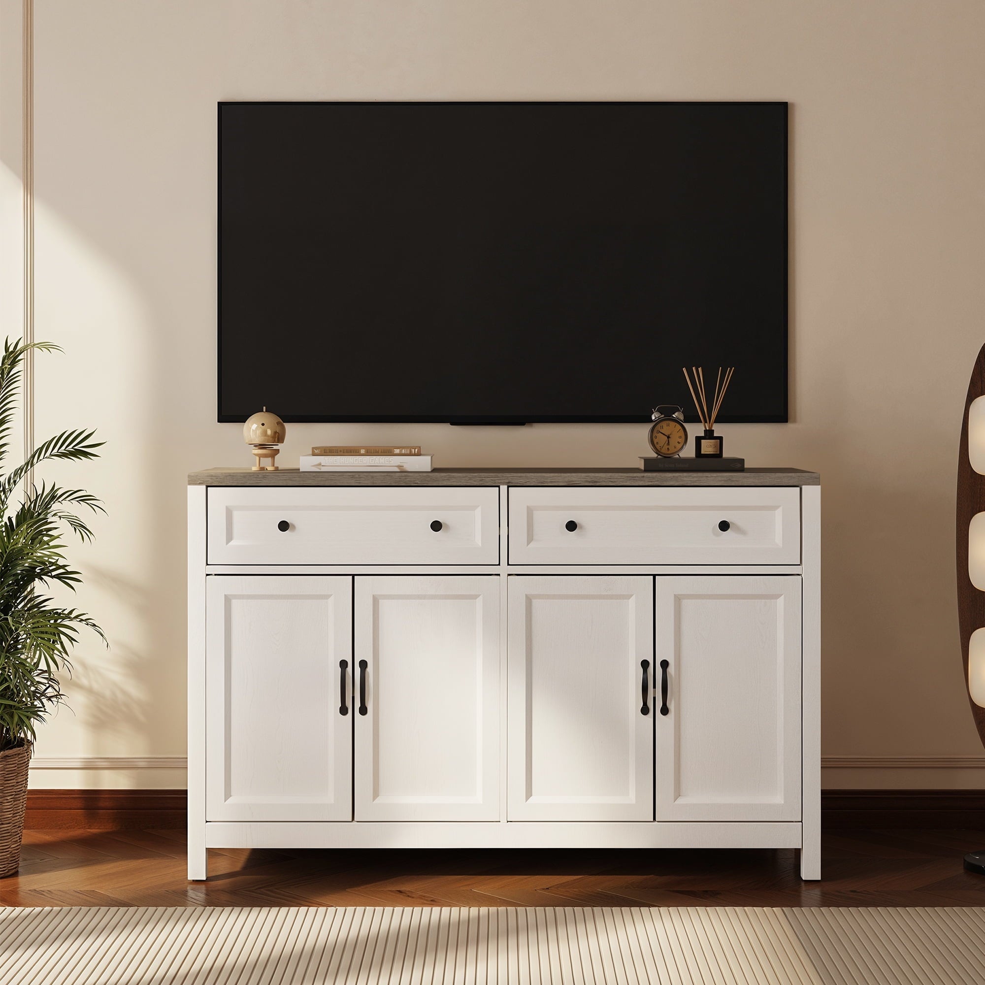 Aiho Farmhouse Kitchen Buffet Cabinet with Storage – 55.1" Rustic Sideboard with Drawers & Doors (White/Gray)