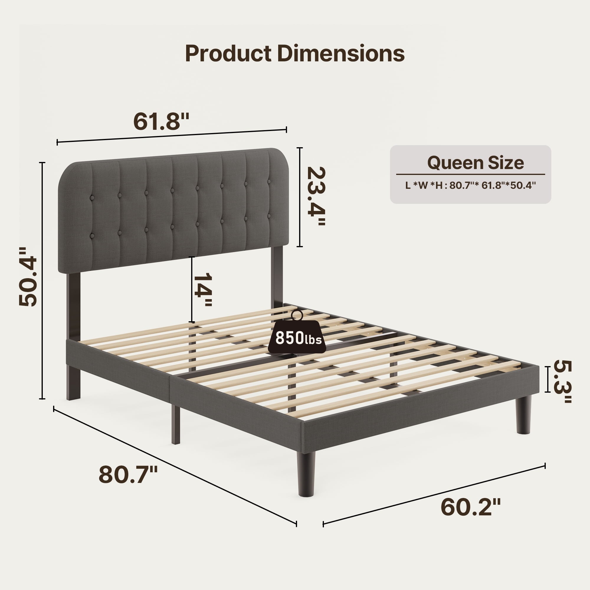 Queen Upholstered Platform Bed Frame with Headboard - Modern Bedroom Furniture with Sturdy Wooden Slats, Quiet & Noise Free, No Box Spring Needed, Dark Gray