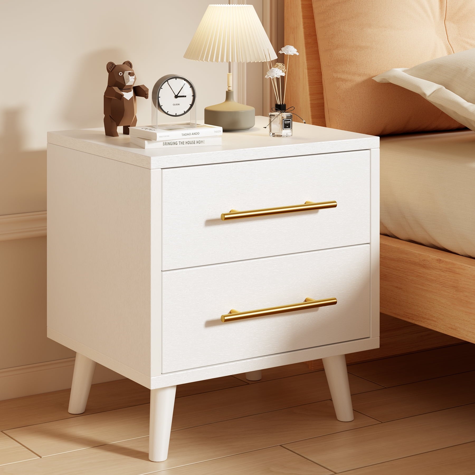 Aiho 4-Piece Bedroom Furniture Collection – Queen Bed Frame, 2 Nightstands & 6-Drawer Double Wide Chest, White