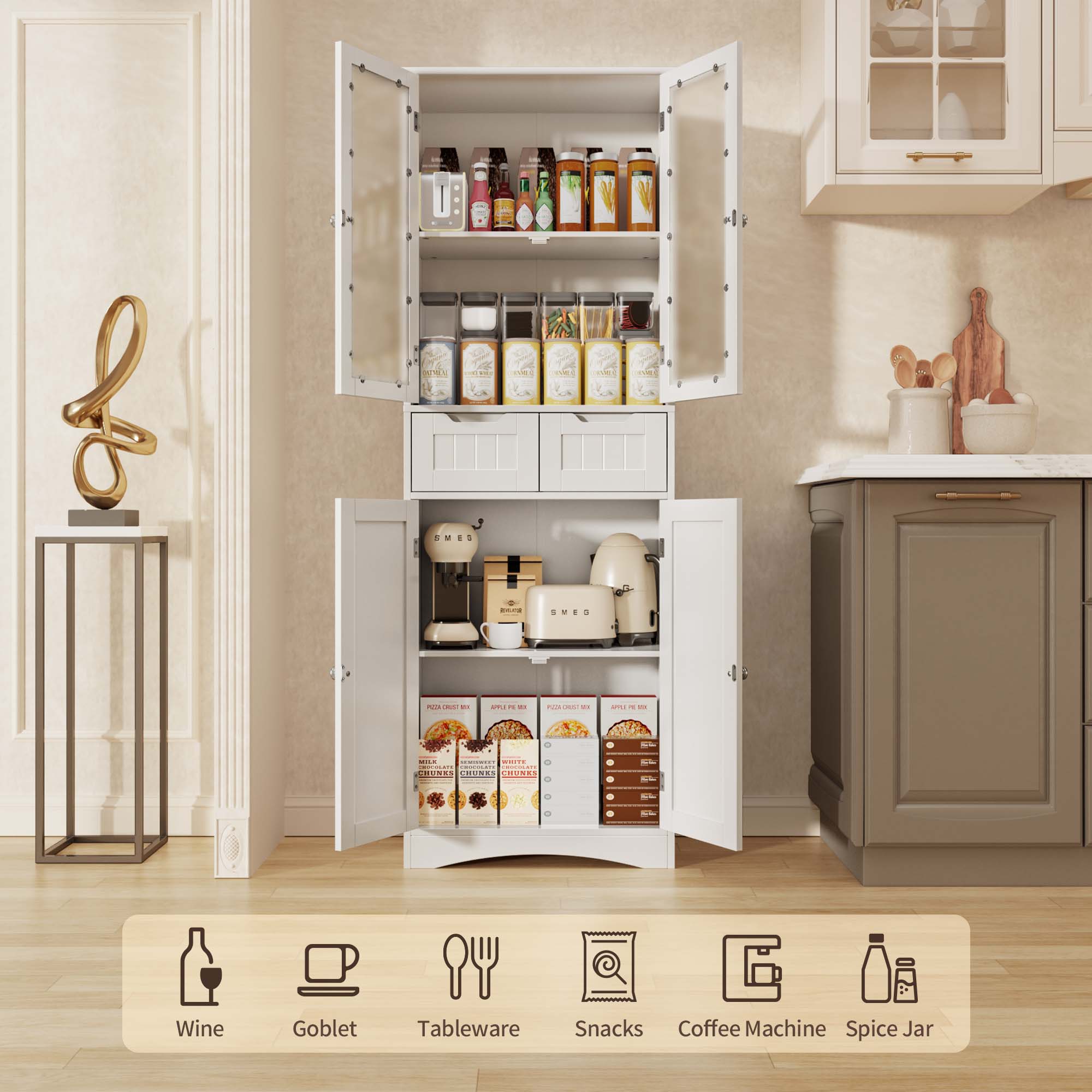 Aiho 67" Kitchen Pantry Storage Cabinet, Pantry Storage Cabinet with 2 Drawers and Glass Doors for Kitchen, Dining Room