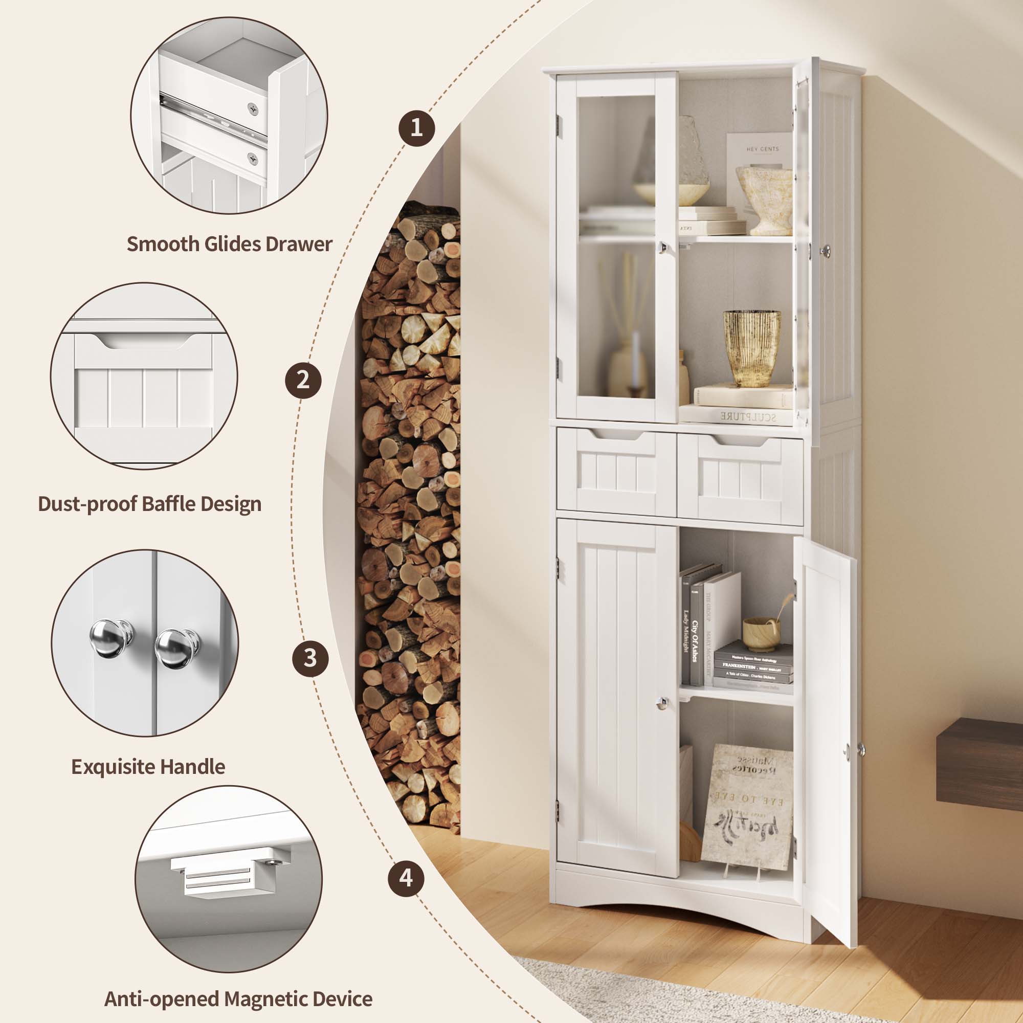 Aiho 67" Kitchen Pantry Storage Cabinet, Pantry Storage Cabinet with 2 Drawers and Glass Doors for Kitchen, Dining Room