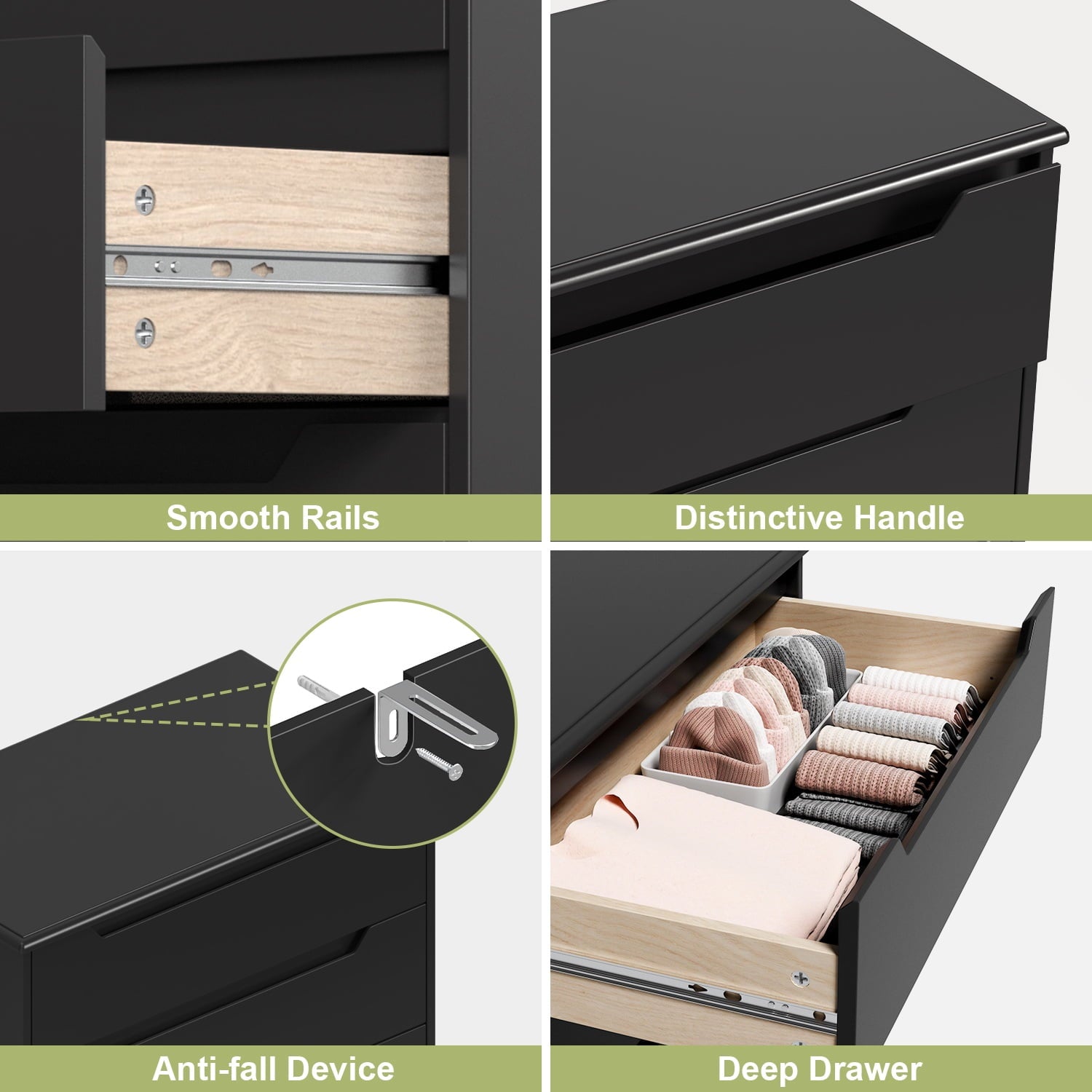 Aiho 4 Drawer Dresser, 32 "H Black Dresser with Cutout Handles for Bedroom