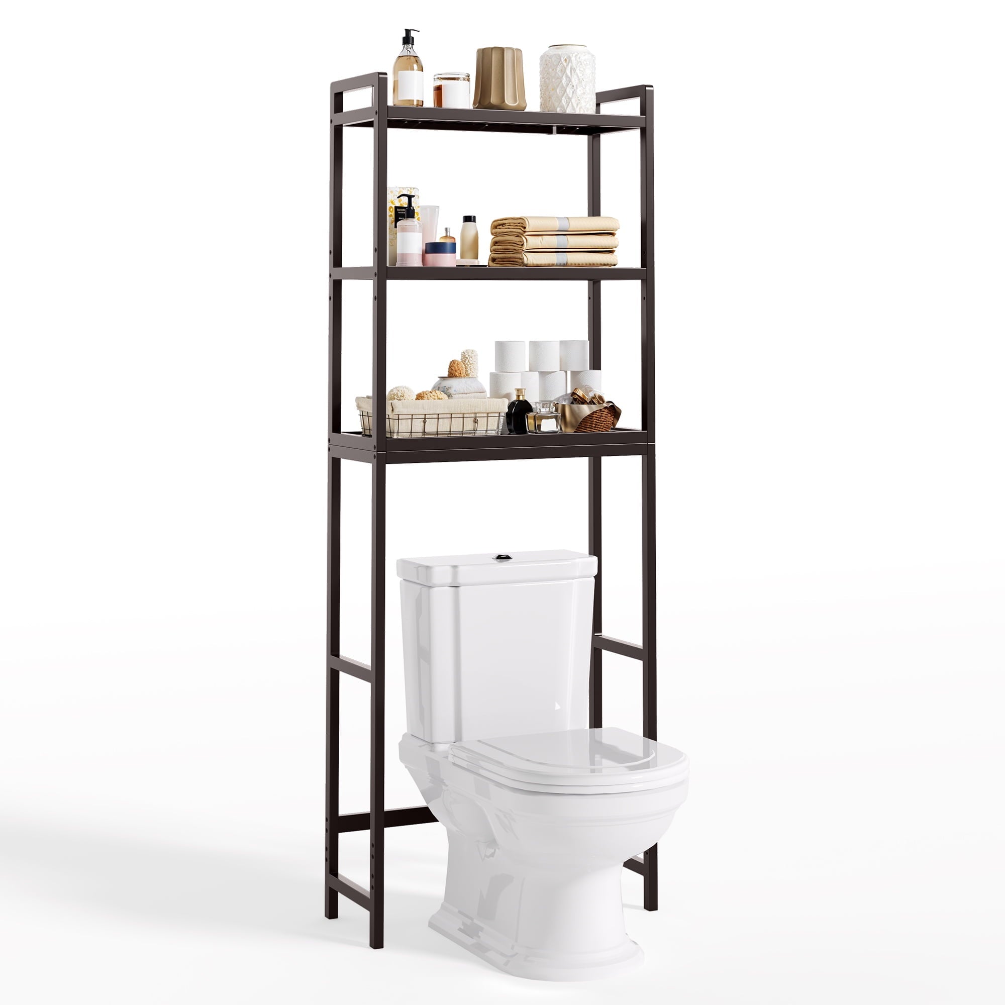 Aiho Over The Toilet Storage, 3-Tier Bamboo Bathroom Organizer, Space-Saving & Adjustable, Dark Brown