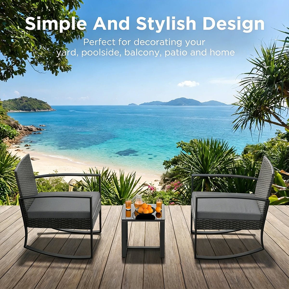 Aiho 3-Piece Rattan Rocking Set–Outdoor Patio Conversation Furniture w ...