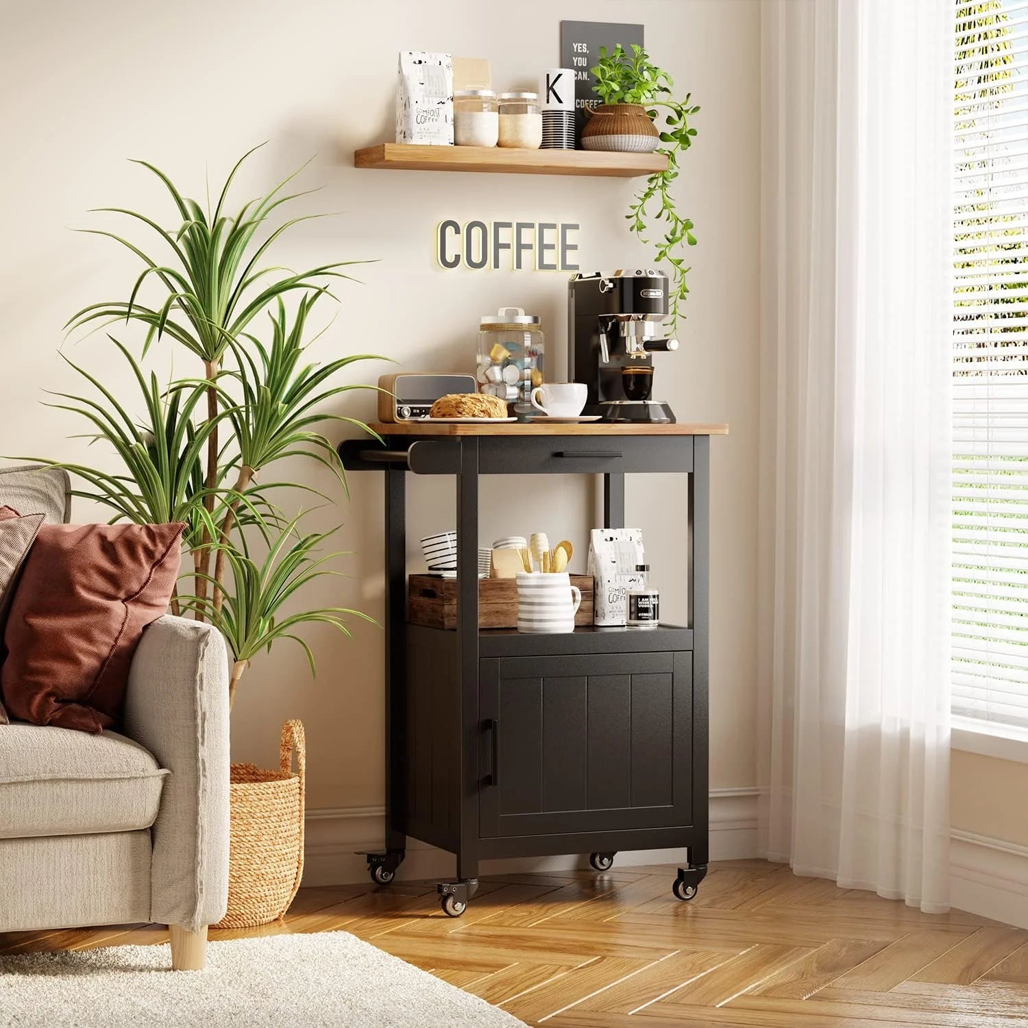 Rolling Kitchen Island Cart with Storage and Rubber Wood Countertop