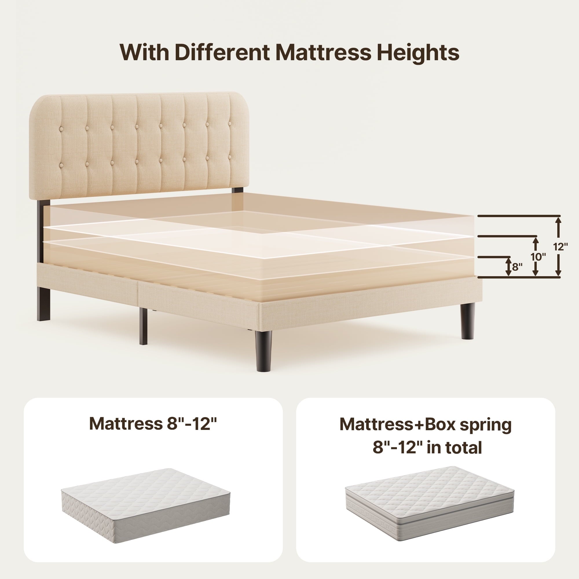 Queen Upholstered Platform Bed Frame with Headboard - Modern Bedroom Furniture with Sturdy Wooden Slats, Quiet & Noise Free, No Box Spring Needed, Beige