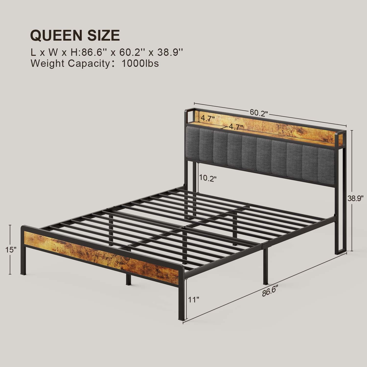Aiho Queen Metal Platform Bed Frame with Storage Headboard – Max Underbed Space, Easy Assembly, Dark Grey