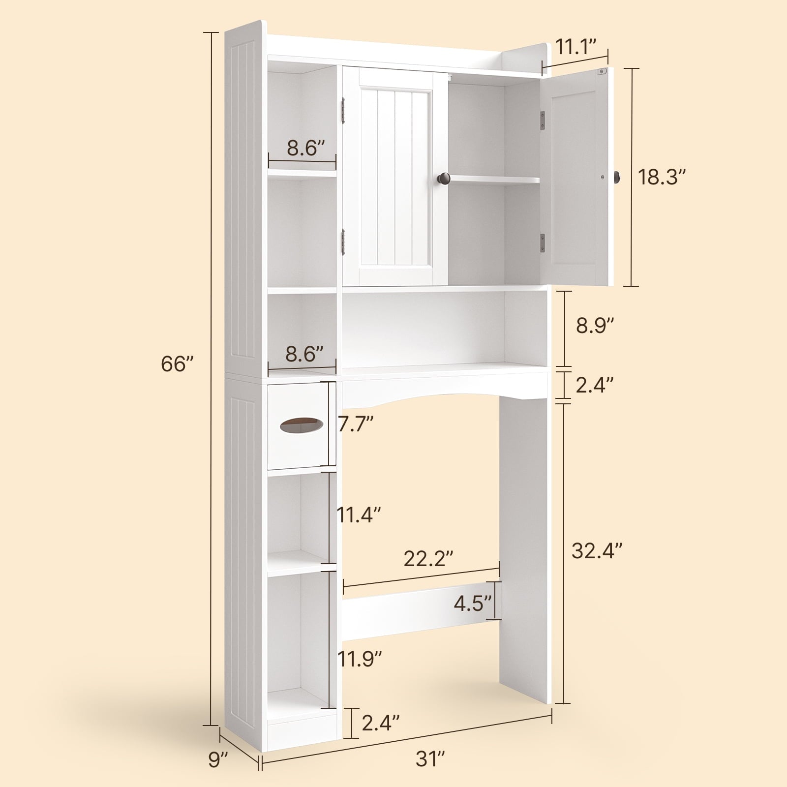 Aiho 66-Inch Tall Over-Toilet Bathroom Cabinet with Double Doors, Toilet Paper Holder & Racks, Adjustable Shelf – Ideal for Bathrooms & Laundry Rooms, White