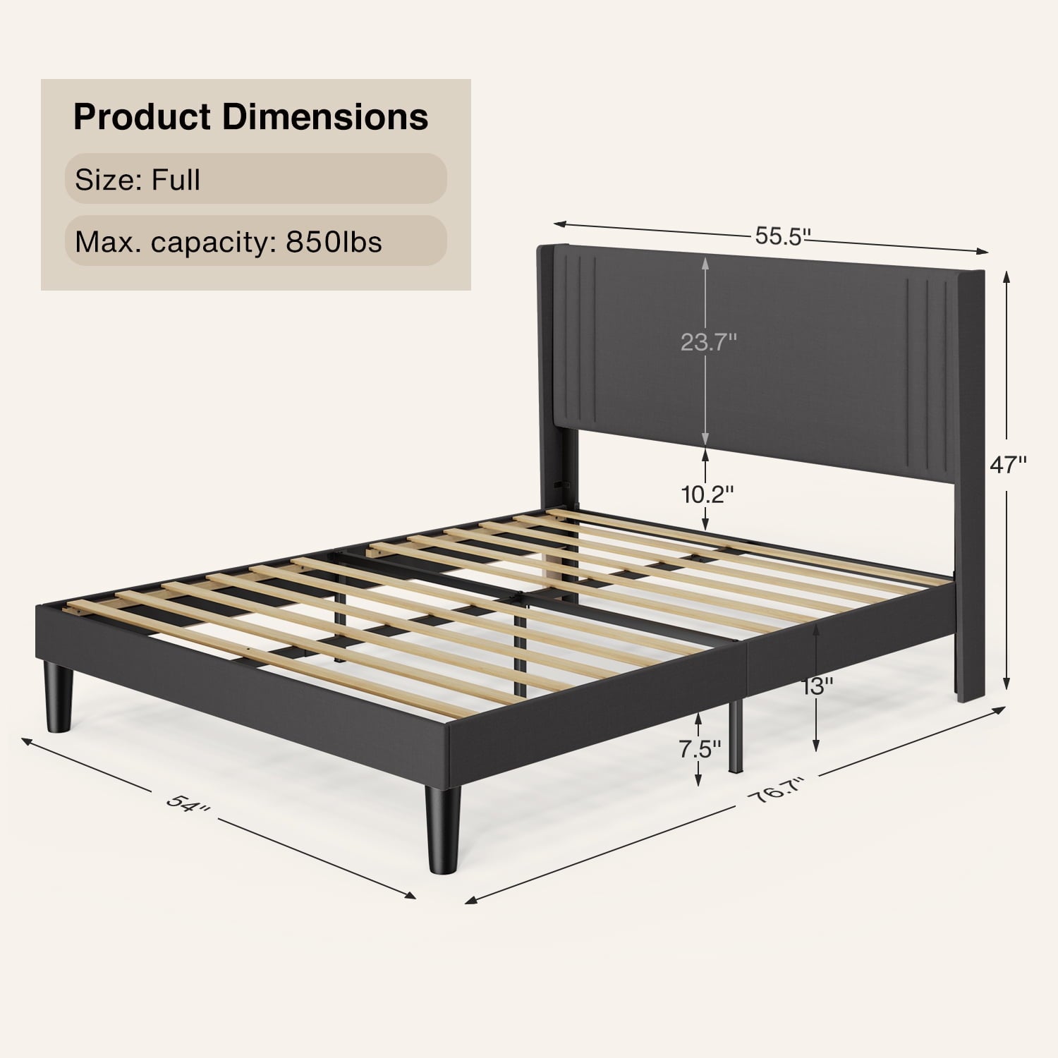 Aiho Full Bed Frame with Wingback Upholstered Headboard, Dark Grey