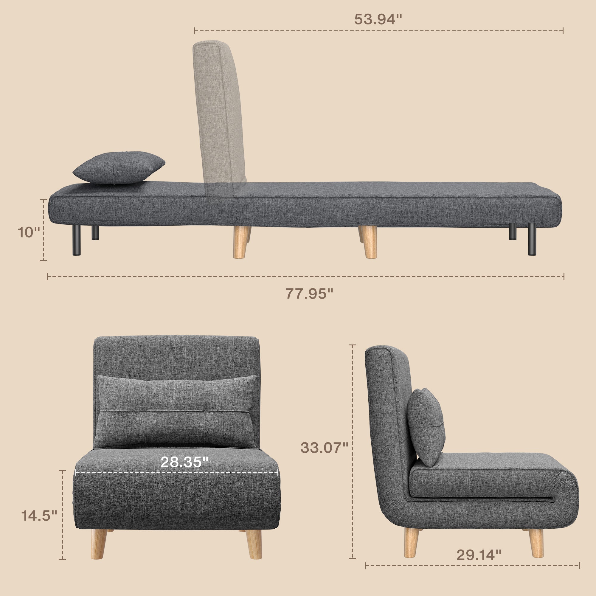 3 in 1 Convertible Sofa Bed, Aiho sleeper Chair Bed with Adjustable Ba ...