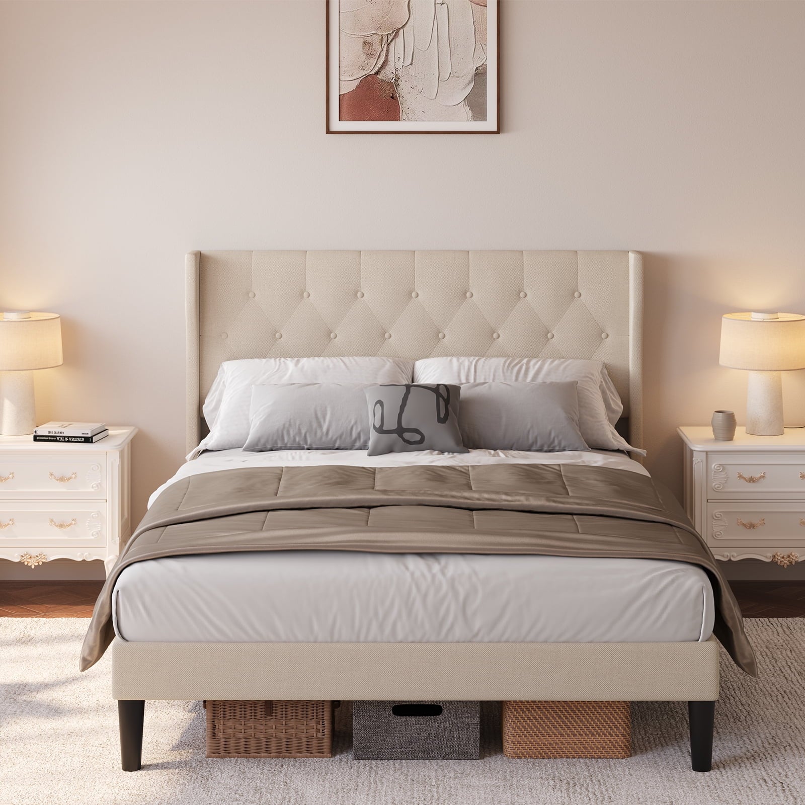 Full Size Bed Frame with Plush Button Tufted Headboard, Under Bed Storage & Silent Slats - No Box Spring Needed, Beige