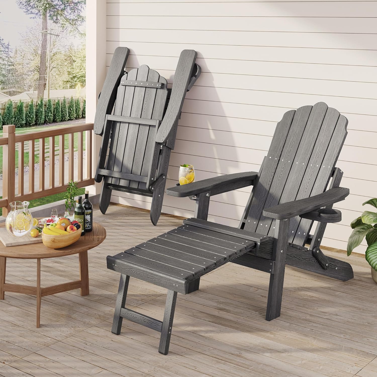 Folding Patio Recliner Chair with Ottoman & Cup Holder - Garden