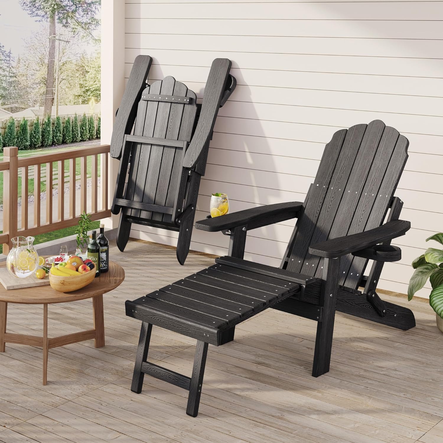 Folding Patio Recliner Chair with Ottoman & Cup Holder - Garden